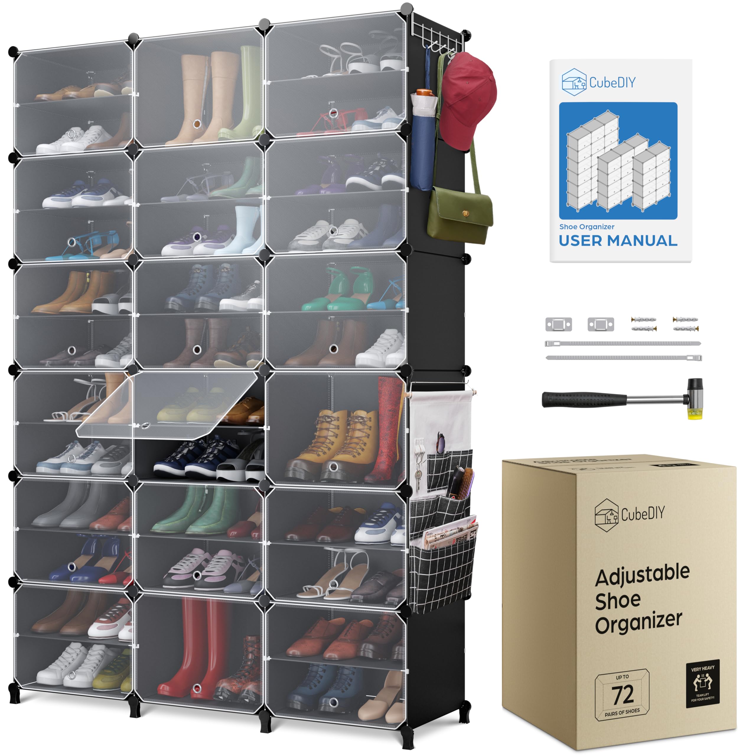 CUBEDIY Shoe Organizer Cabinet Up to 72 Pairs, Shoe Closet-Covered Shoe Rack with See-Through Door (Clear, Plastic, Stackable) Cubby Portable Shoe Organizer with Covers, Hooks & Pockets, Black