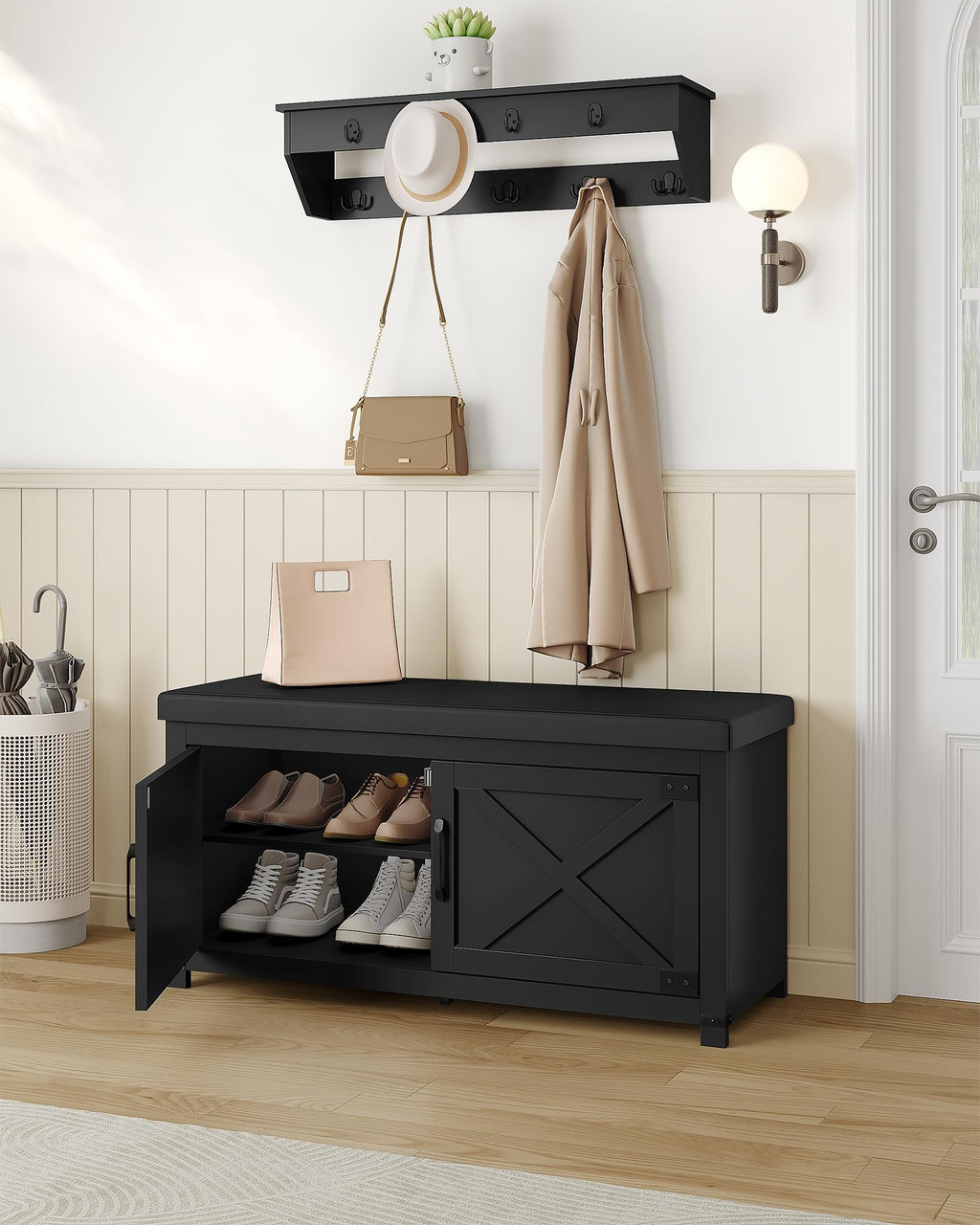 Hzuaneri Shoe Storage Bench, 2 Tier Shoe Bench with Padded Seat Cushion & 2 Barn Doors, Entryway Bench with Adjustable Shelf, Farmhouse Shoe Cabinet for Living Room, Bedroom, Antique White SB26214KA