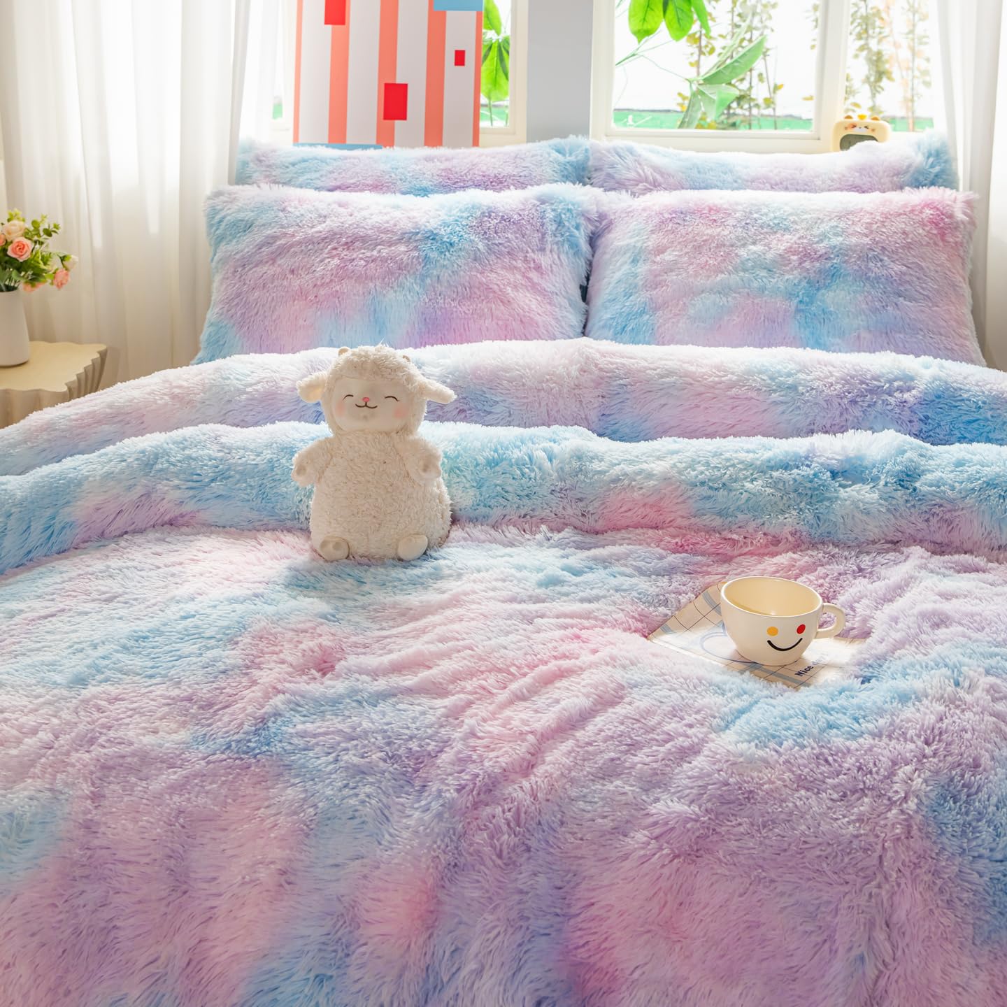 Faux Fur Kids Girls Purple Rainbow Comforter Sets Twin/Full - 3PC Bed Set Warm Comfortable Soft Plush Flannel Velvet Fluffy Fuzzy Bedding（Comforter x 1 Pillowcases x 2）