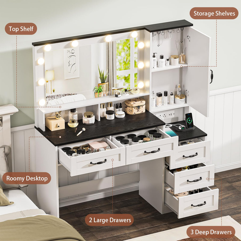 Vanity Desk with Lighted Mirror, Black Vanity with 4 Drawers,Makeup Vanity with Storage Shelves and Power Outlet,10 Lights with 3 Color Modes Brightness Adjustable for Girls’ Bedroom (Black)