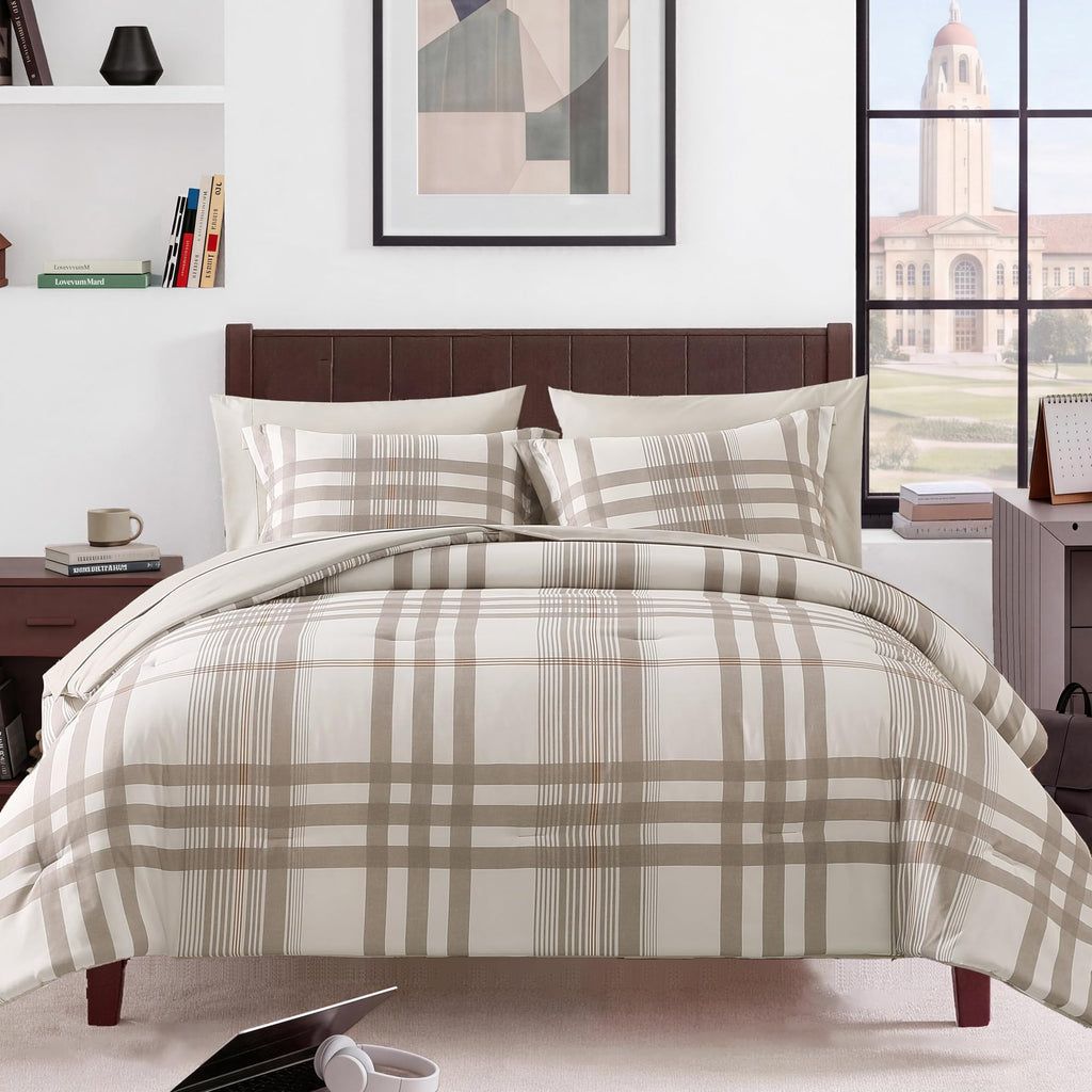 MaiRêve Queen Comforter Set, Classic Plaid Farmhouse Bedding Sets 7 Pieces, Beige All Season Bed in A Bag with Sheets, Pillowcases & Shams