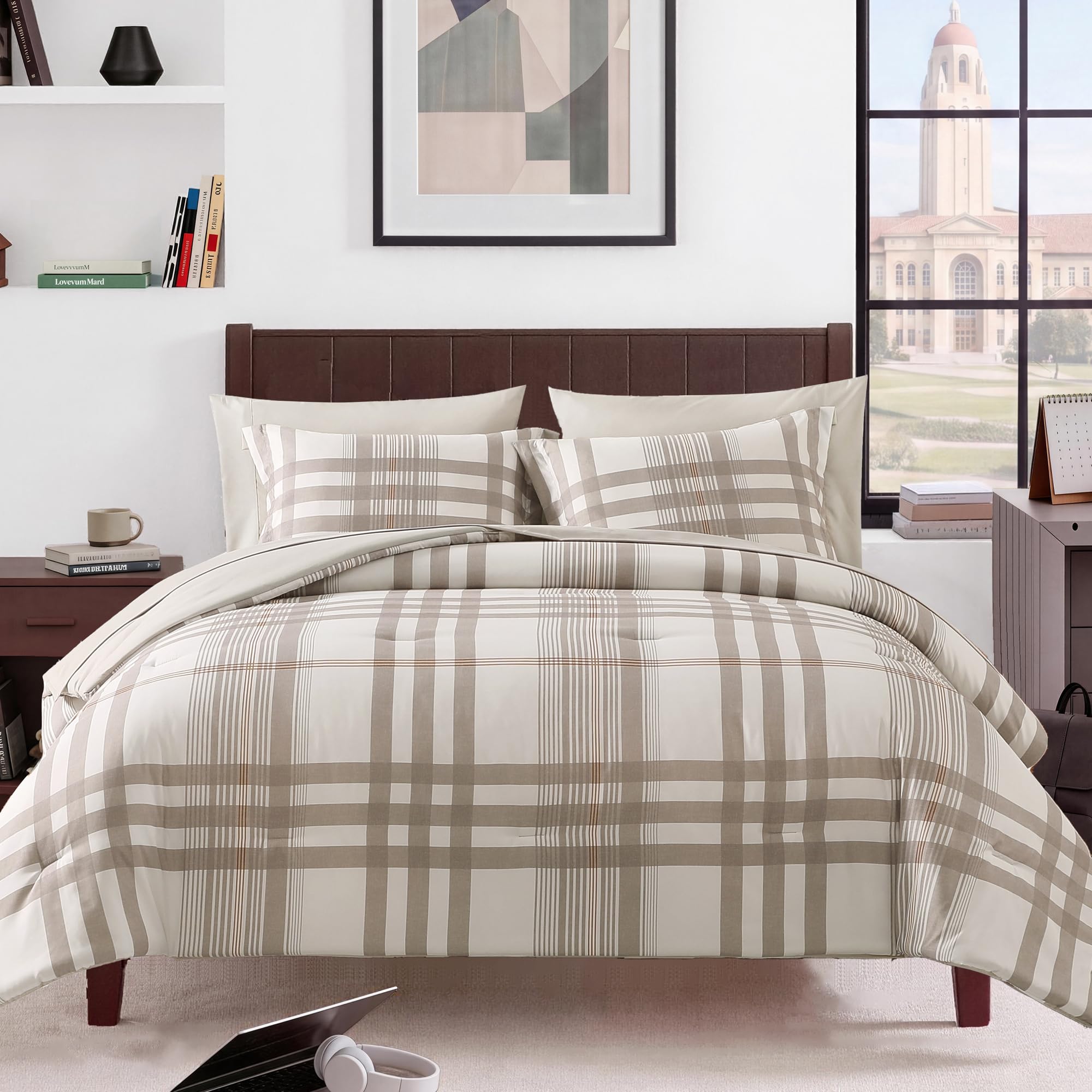 MaiRêve Queen Comforter Set, Classic Plaid Farmhouse Bedding Sets 7 Pieces, Beige All Season Bed in A Bag with Sheets, Pillowcases & Shams