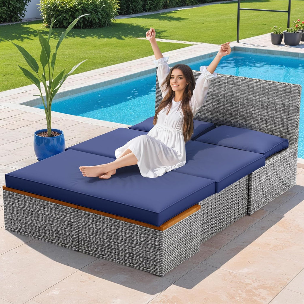 Devoko Outdoor Daybed Set Multifunctional Patio Day Bed Rattan Lounge Bed with 2 Side Tables for Backyard Porch Poolside Lawn Beach (Beige White)