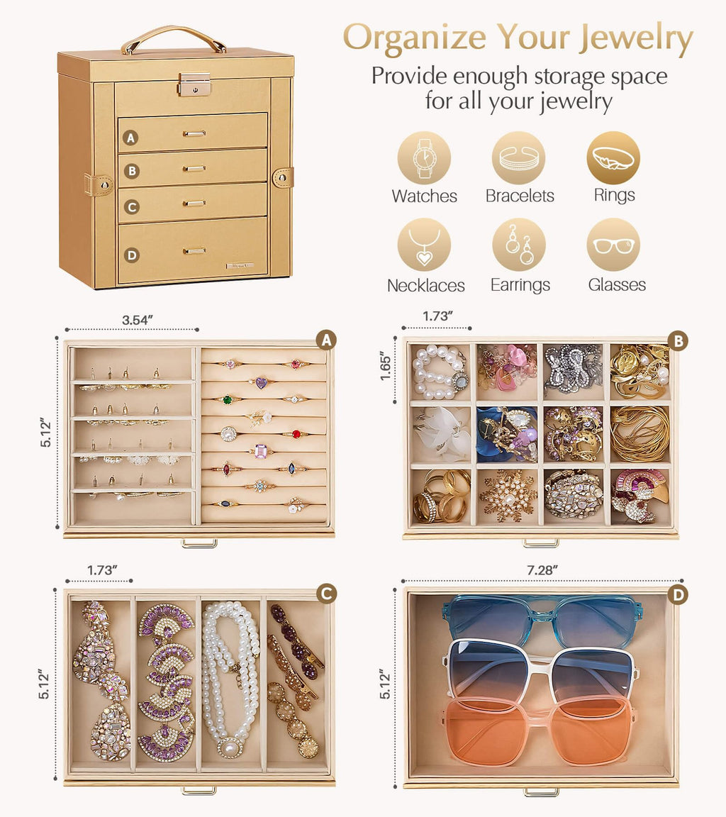 Homde Mothers Day Gifts Synthetic Leather Huge Jewelry Box Mirrored Watch Organizer Necklace Ring Earring Storage Lockable Gift Case (Black + Gold)
