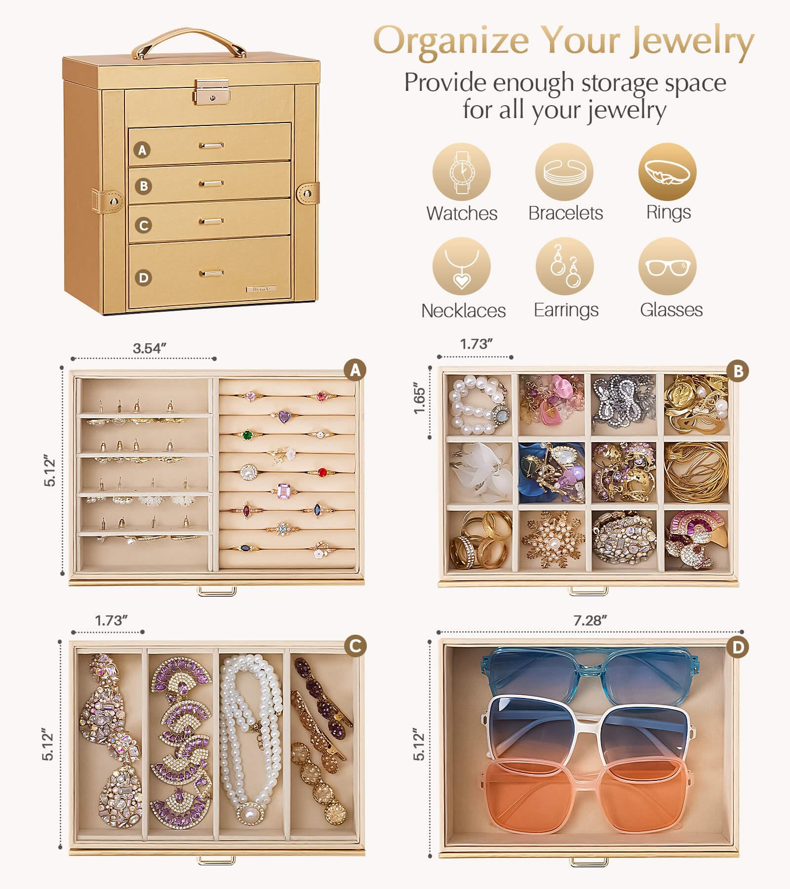 Homde Mothers Day Gifts Synthetic Leather Huge Jewelry Box Mirrored Watch Organizer Necklace Ring Earring Storage Lockable Gift Case (Black + Gold)