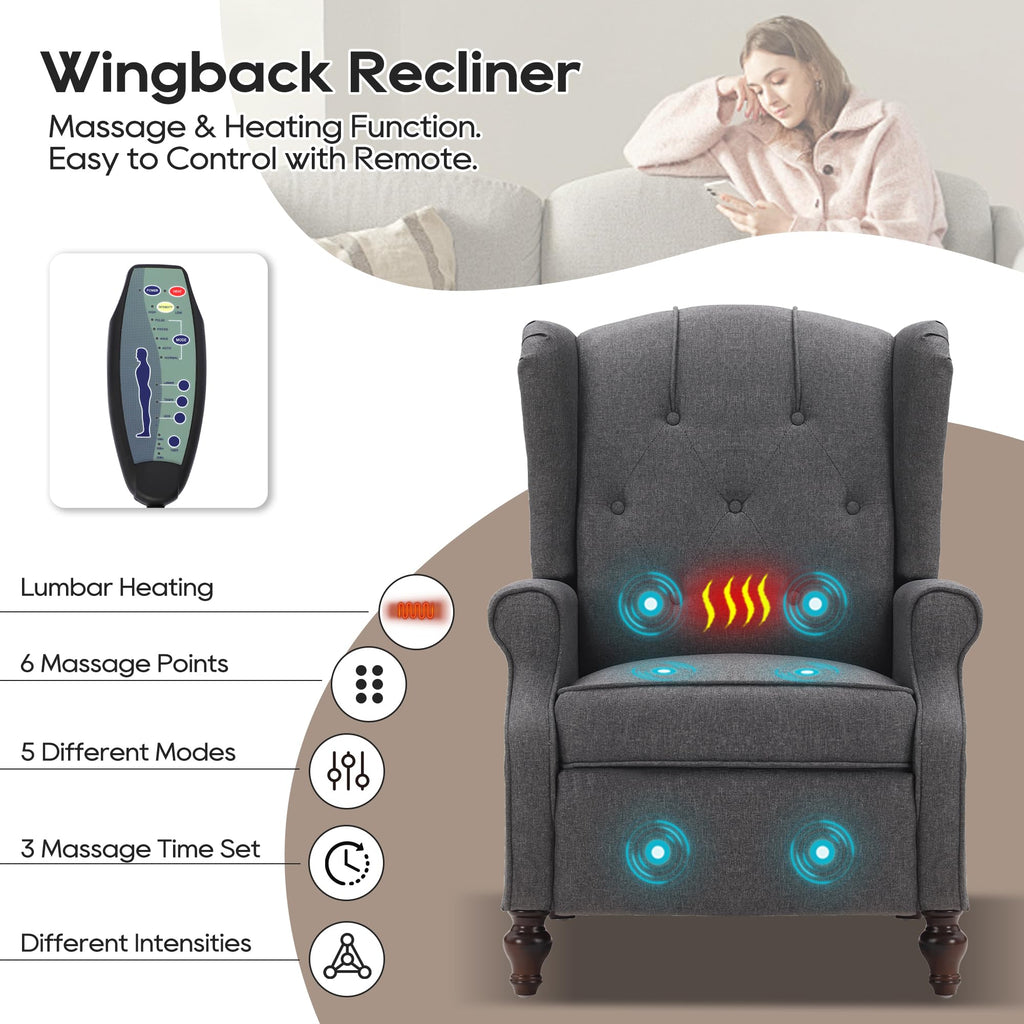Wingback Chair with Massage and Heat, Tufted Fabric Pushback Recliner Chair, Wingback Recliner Chair with Remote Control, Padded Cushion, Wooden Legs, Small Recliners for Small Spaces