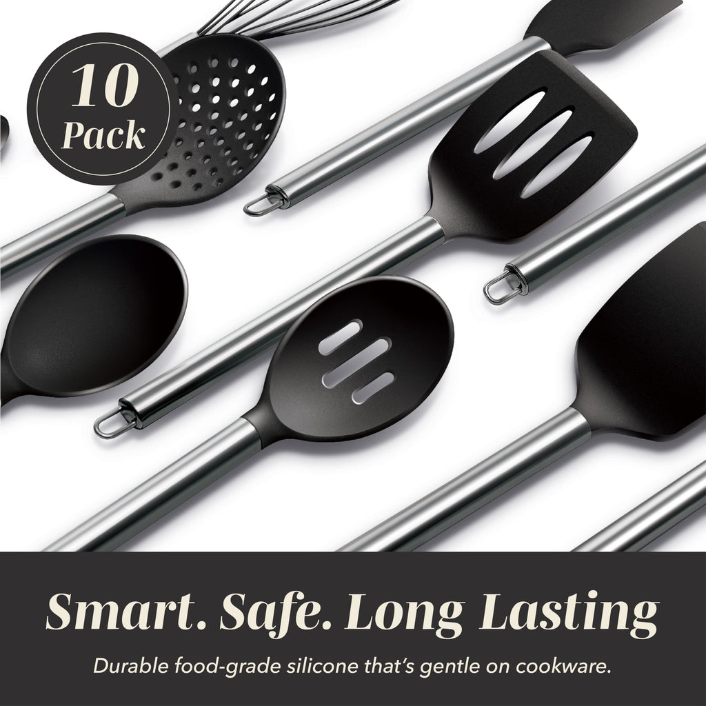 COOK WITH COLOR Silicone Cooking Utensils, Kitchen Utensil Set, Easy to Clean Silicone Kitchen Utensils, Cooking Utensils for Nonstick Cookware, Kitchen Gadgets Set with Holder, 10 Pieces