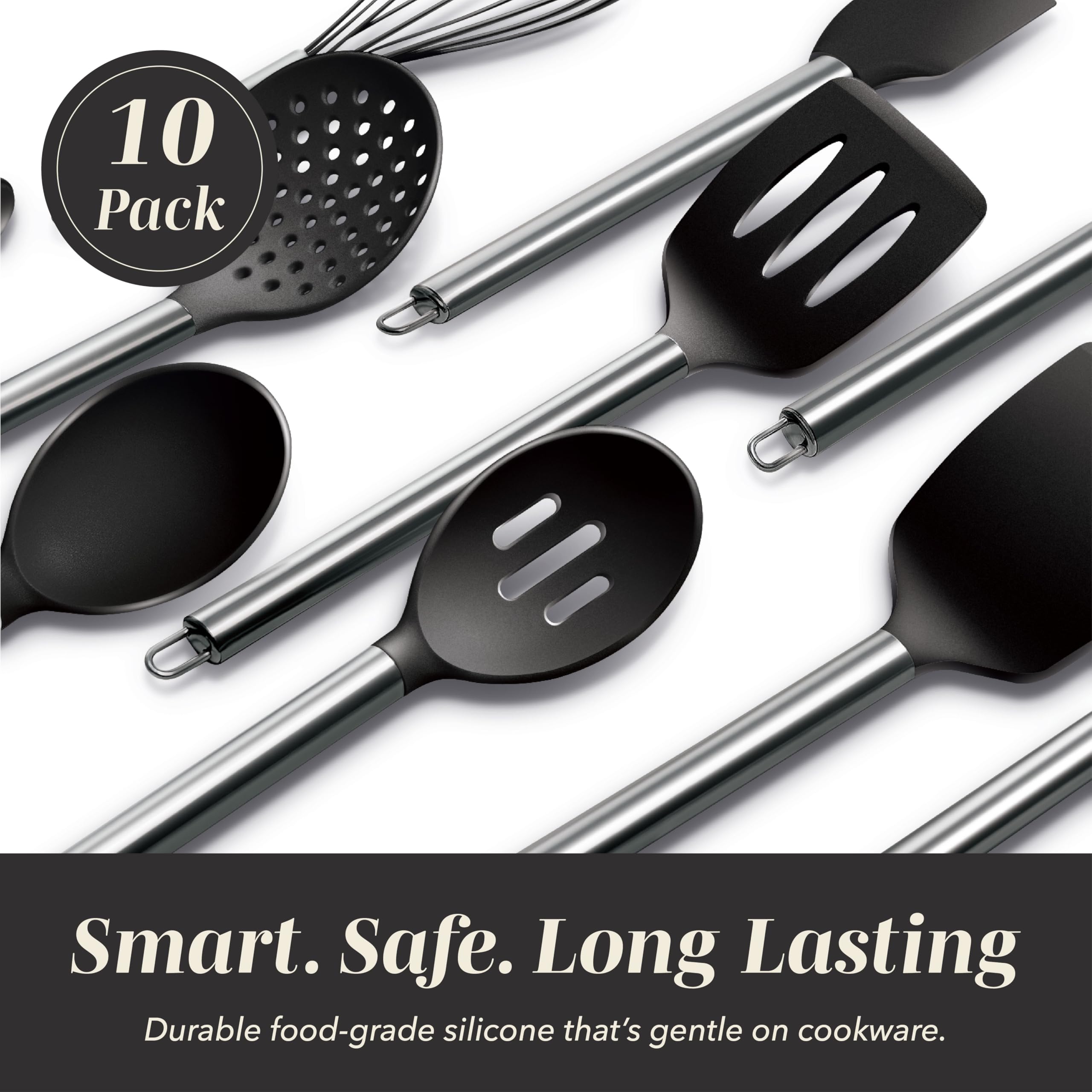 COOK WITH COLOR Silicone Cooking Utensils, Kitchen Utensil Set, Easy to Clean Silicone Kitchen Utensils, Cooking Utensils for Nonstick Cookware, Kitchen Gadgets Set with Holder, 10 Pieces