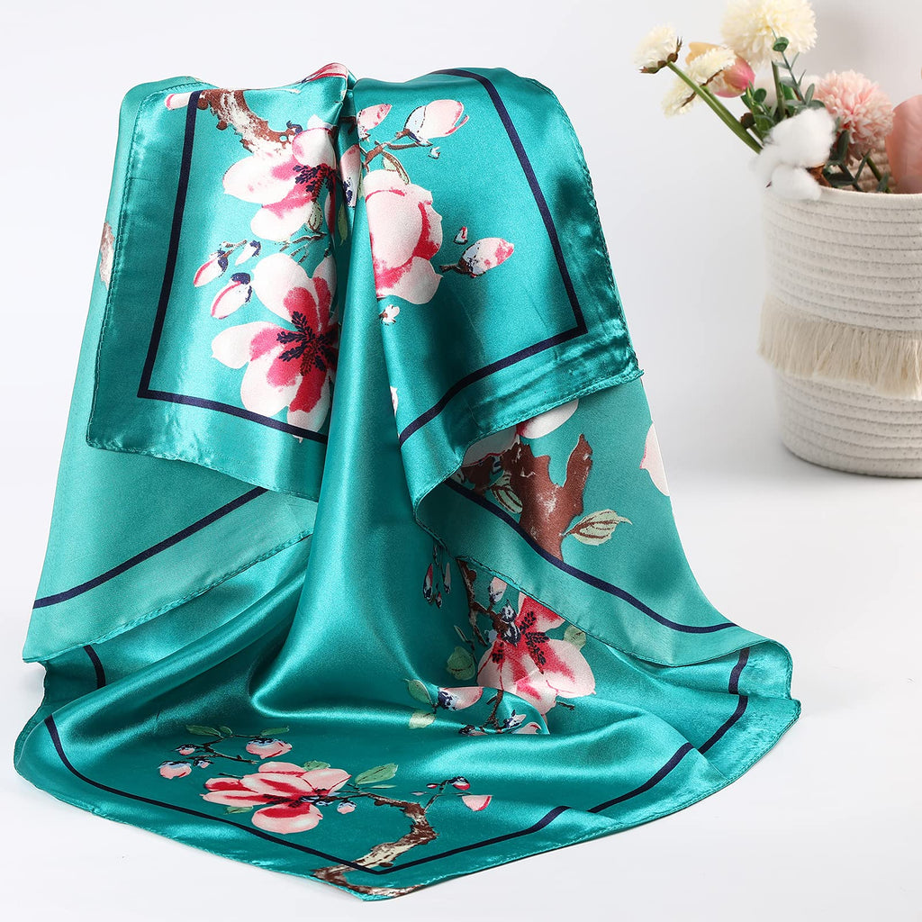 AWAYTR 35” Large Satin Square Head Scarf - 2Pcs Silk Like Floral Head Scarves Square Satin Hair Scarf Bandanas for Women