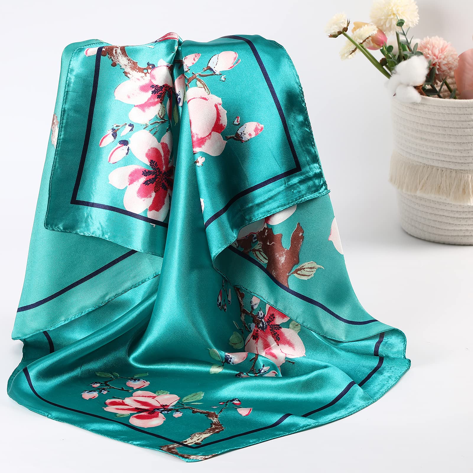 AWAYTR 35” Large Satin Square Head Scarf - 2Pcs Silk Like Floral Head Scarves Square Satin Hair Scarf Bandanas for Women
