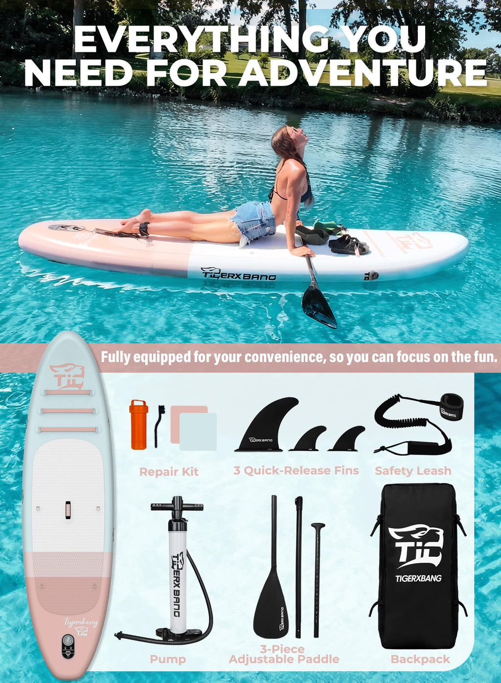 TIGERXBANG 11'6"/11'/10' Inflatable Paddle Board with Complete Accessories, Versatile Premium Paddle Boards for Adults/Youth, Stand Up Paddle Board Polar/Wave/Sunny Wave Collection