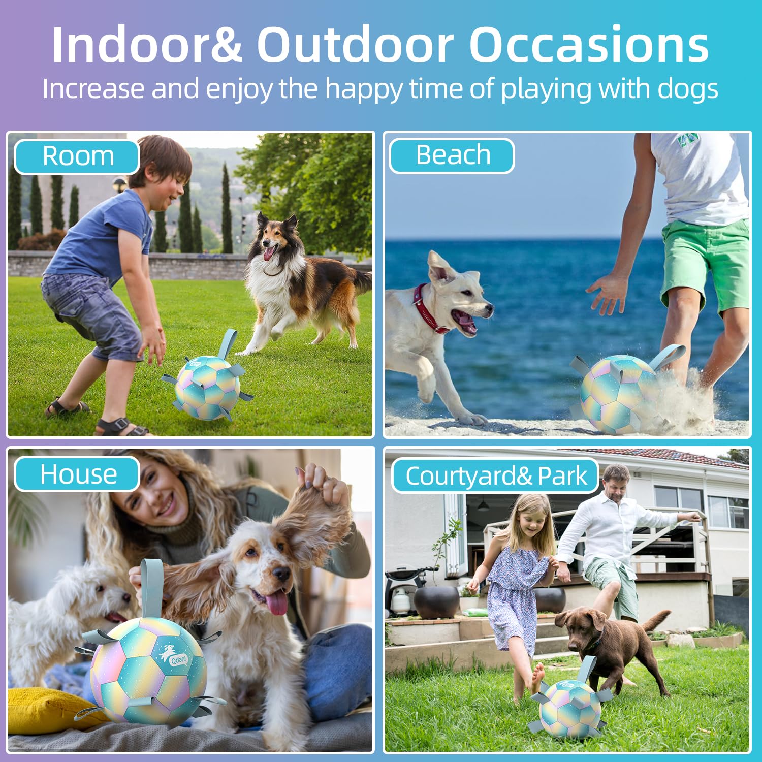 QDAN Dog Toys Soccer Ball with Straps, Durable Dog Balls for Tug of War, Puppy Birthday Gifts, Dogs Water Toy Small Dogs-Rainbow（5 Inch）