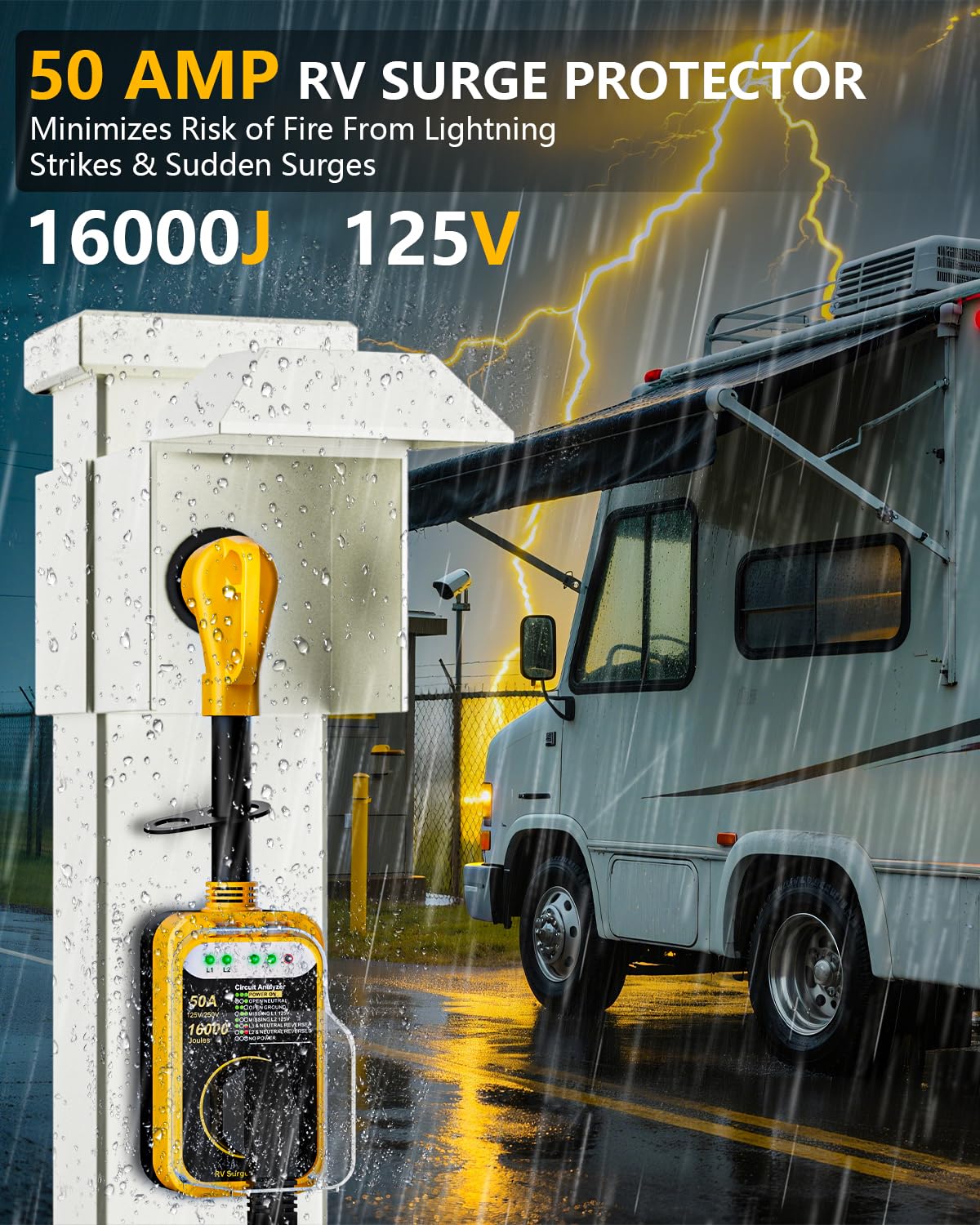 RV Surge Protector 30 Amp, 10000 Joules RV Circuit Analyzer with Waterproof Cover,RV Adapter Plug for Camper Travel Trailers (30 AMP)