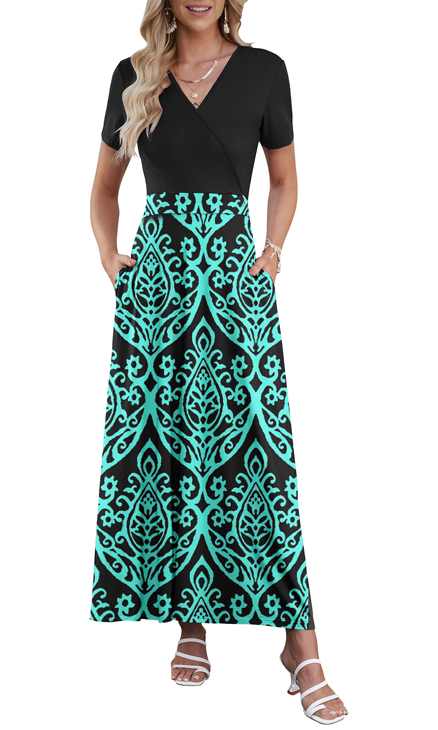 AUSELILY Maxi Dresses for Women Ankle Length Floral Print Beach Long Flowy Dress with Pockets