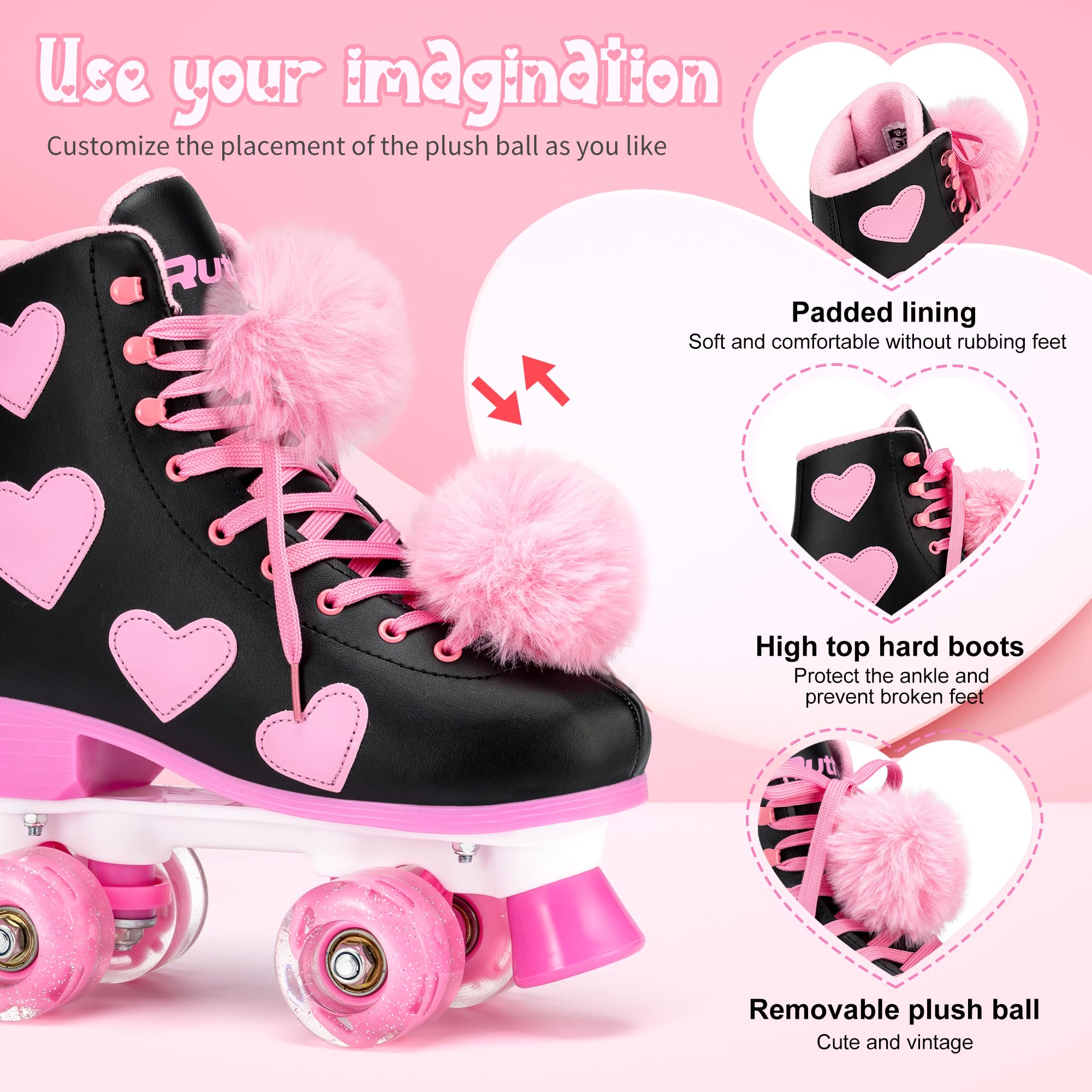 Ruthfot Women's and Girl's Classic Roller Skates with Light up Wheels and Love Heart Pattern, High-top PU Leather Rollerskates…