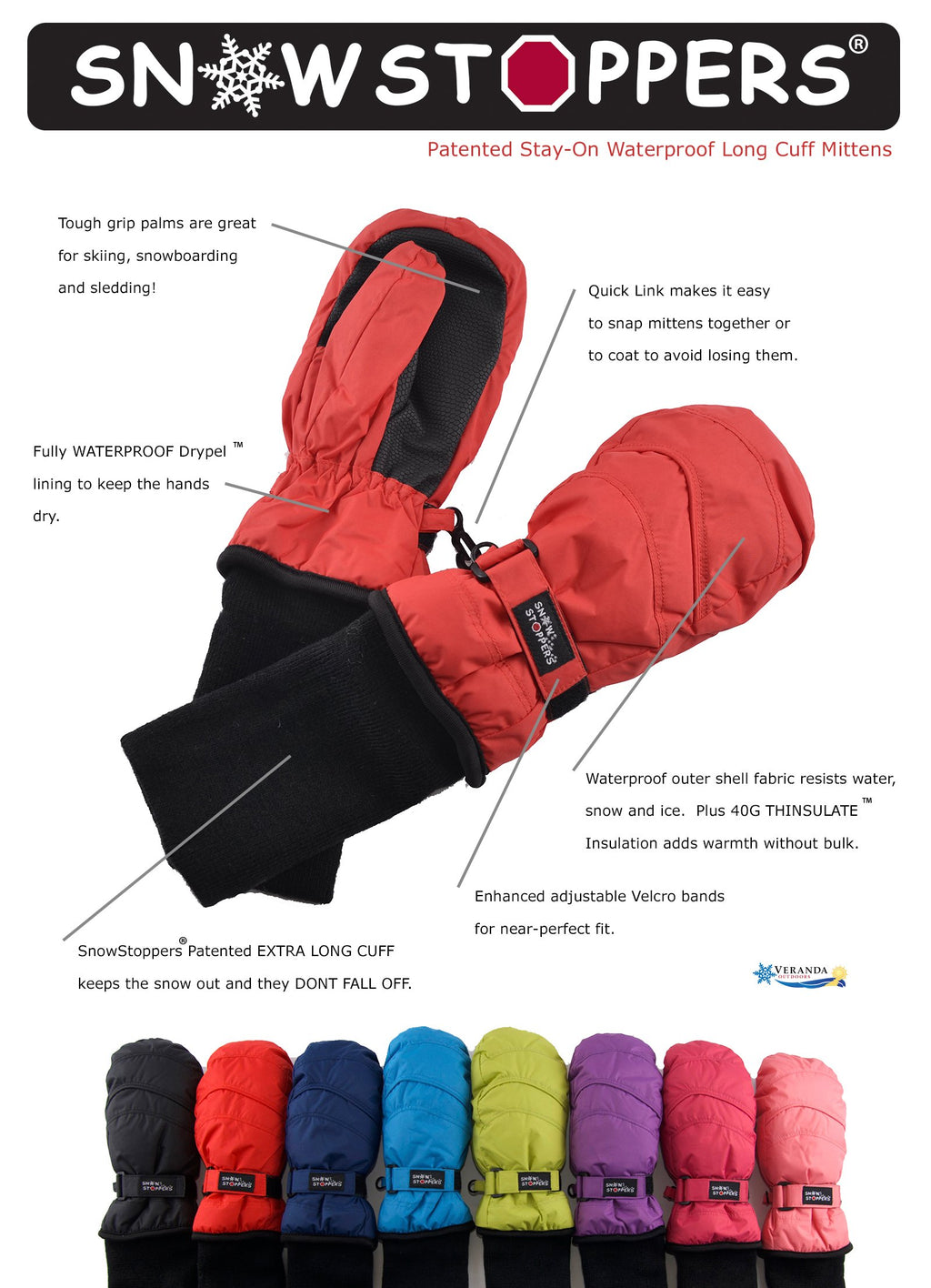 SnowStoppers Kids Waterproof Long Cuff Winter Mittens