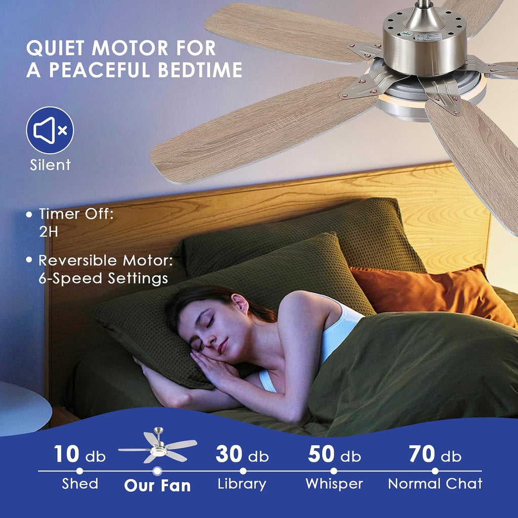 Hounberi Ceiling Fans with Lights,50“ Modern Nickel Ceiling Fan and Remote/APP Control,5 Dual Finish Blades Dimmable 3-Color LED Fandelier for Indoor Dinning room,Bedroom