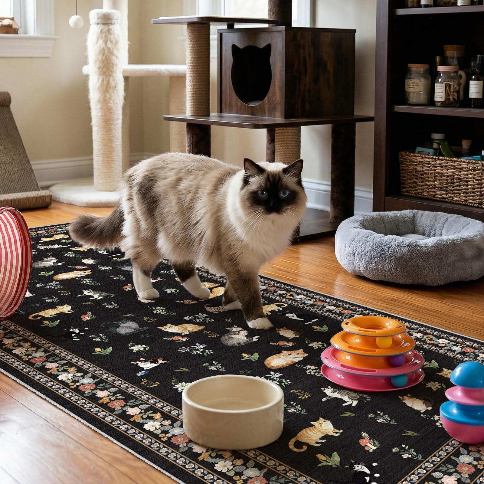 2x5 Washable Kitchen Runner Rug - Soft Low Pile Floral Animal Cat Print Rugs with Non-Slip Backing Waterproof Stain-Resistant Indoor Carpet for Hallway Entryway Bathroom Bedroom (Black)