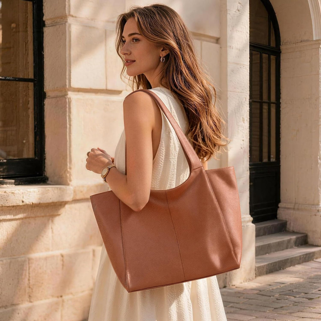 befen Soft Genuine Leather Tote Bag for Women Work with Zipper Slouchy Bags