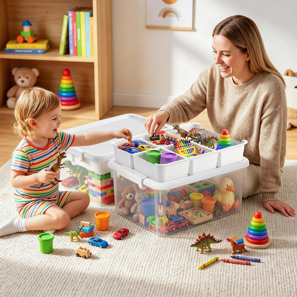 Citylife 17 QT Plastic Storage Box with Building Baseplate Lid and Removable Tray Craft Organizers and Storage Clear Storage Container for Organizing Bead, Tool, Sewing