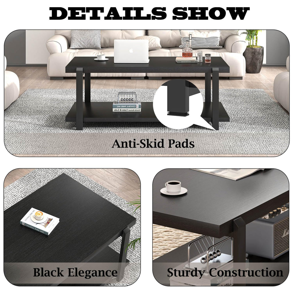 FOLUBAN Black Coffee Table, Modern Rustic Wood Center Table with Storage for Living Room, Industrial Rectangle 2 Tier Cocktail Tea Table, Black Oak