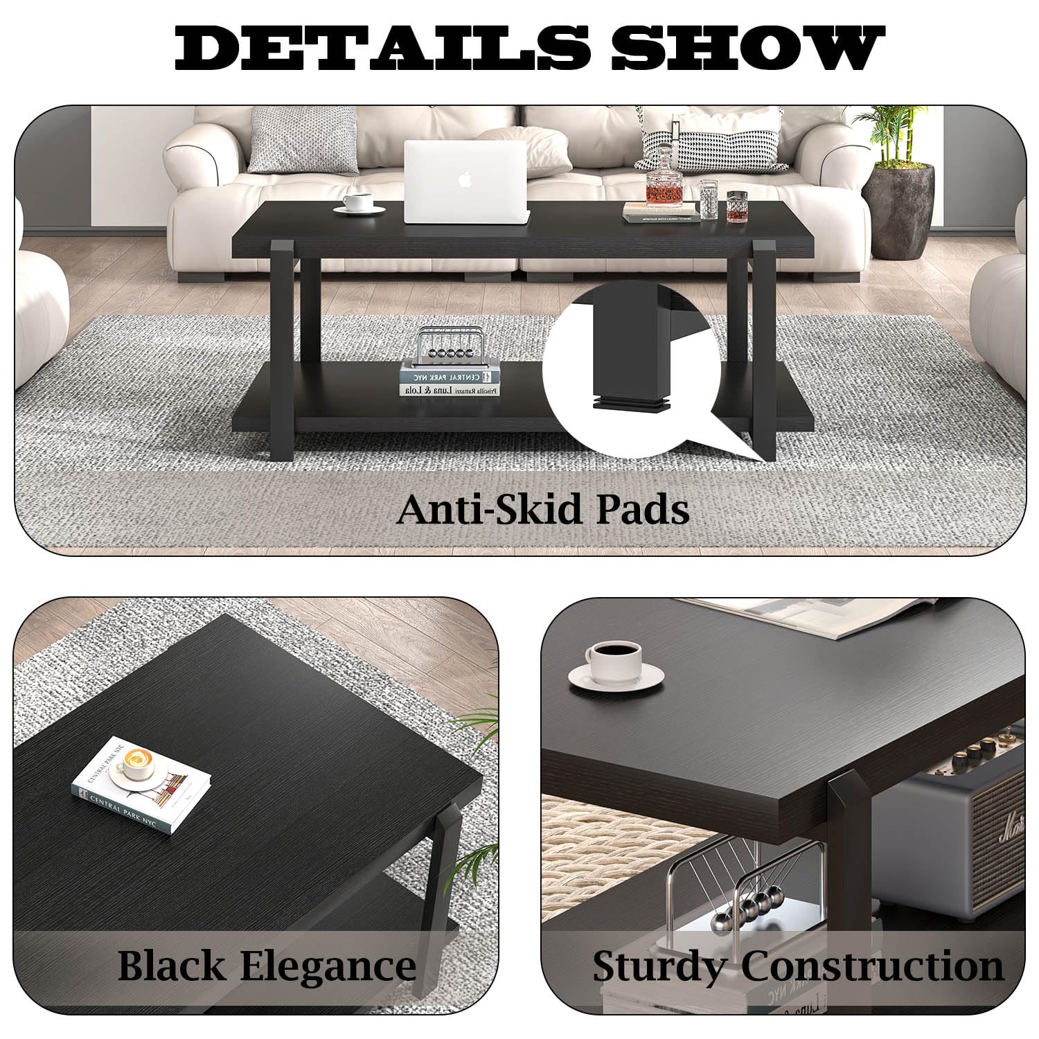 FOLUBAN Black Coffee Table, Modern Rustic Wood Center Table with Storage for Living Room, Industrial Rectangle 2 Tier Cocktail Tea Table, Black Oak