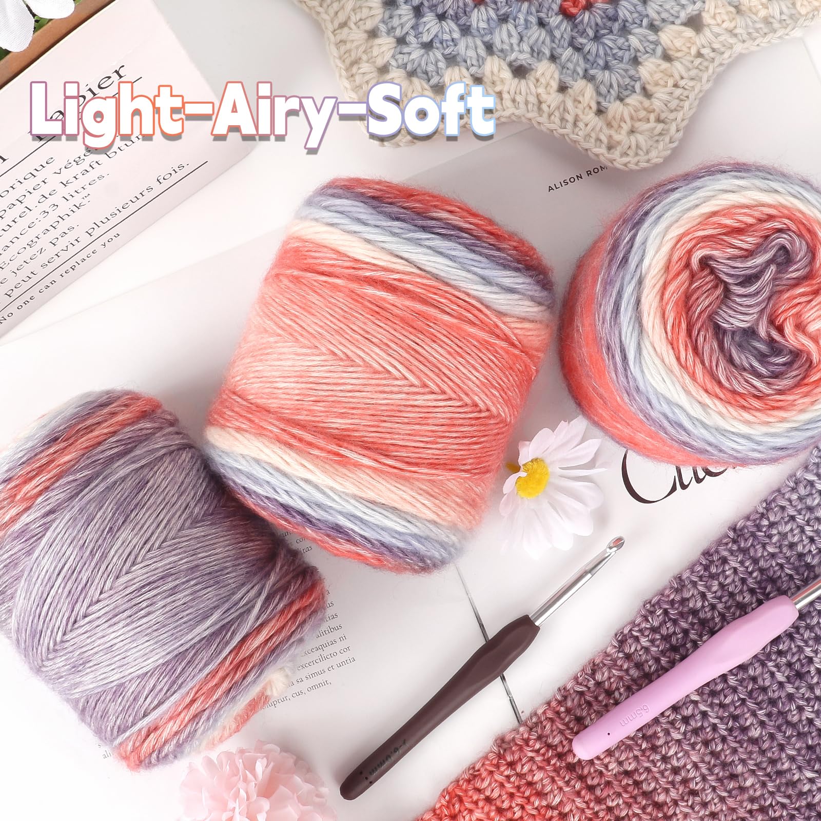 Katech Fairyland Yarn for Crocheting Knitting-Gradient Yarn Cake-4 Pack of 100g/3.52 oz-Soft DK Light Weight #3-60% Cotton 30% Acrylic 10% Wool-Perfect for Scarves, Shawls, Blankets and Garments(A)