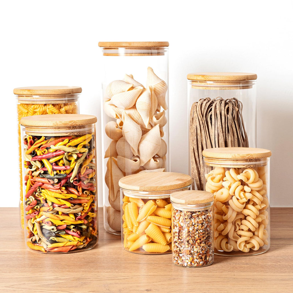 SHOWIN 73oz Glass Pasta Storage Jars, Tall Glass Jars with Bamboo Lids, Spaghetti Container, Set of 3, Kitchen Storage Containers for Pasta, Pantry Organizers