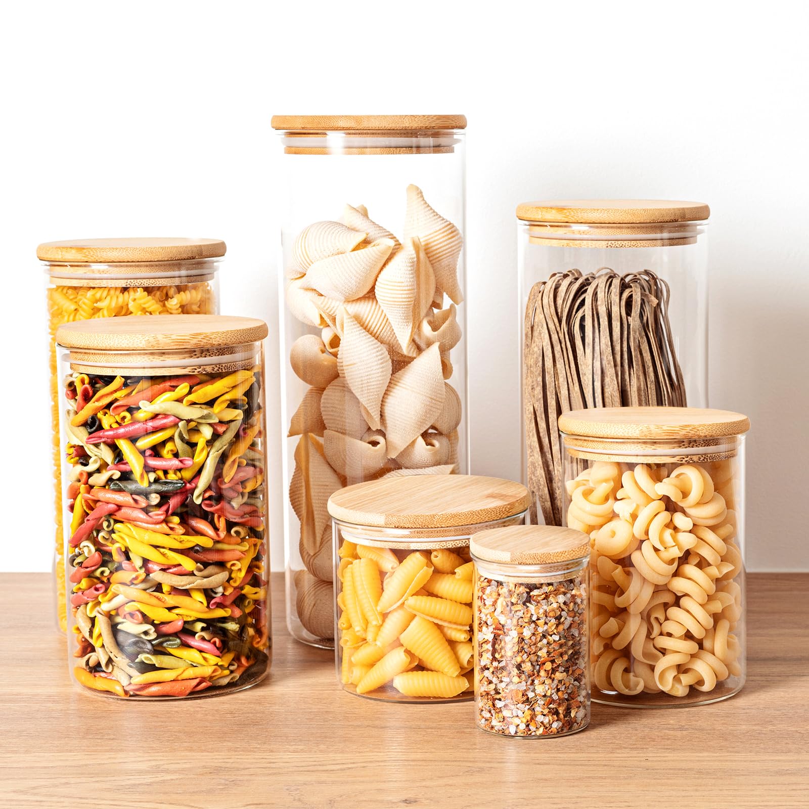 SHOWIN 73oz Glass Pasta Storage Jars, Tall Glass Jars with Bamboo Lids, Spaghetti Container, Set of 3, Kitchen Storage Containers for Pasta, Pantry Organizers