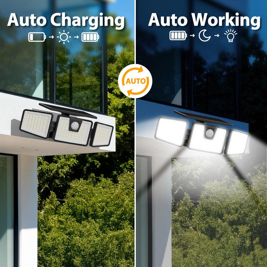 INCX 156 LED Solar Motion Lights Outdoor 2 Pack, 3 Heads Solar Security Lights with Motion Sensor IP65 Waterproof, Flood Lights for Wall, Patio, Garden, Porch, Garage White