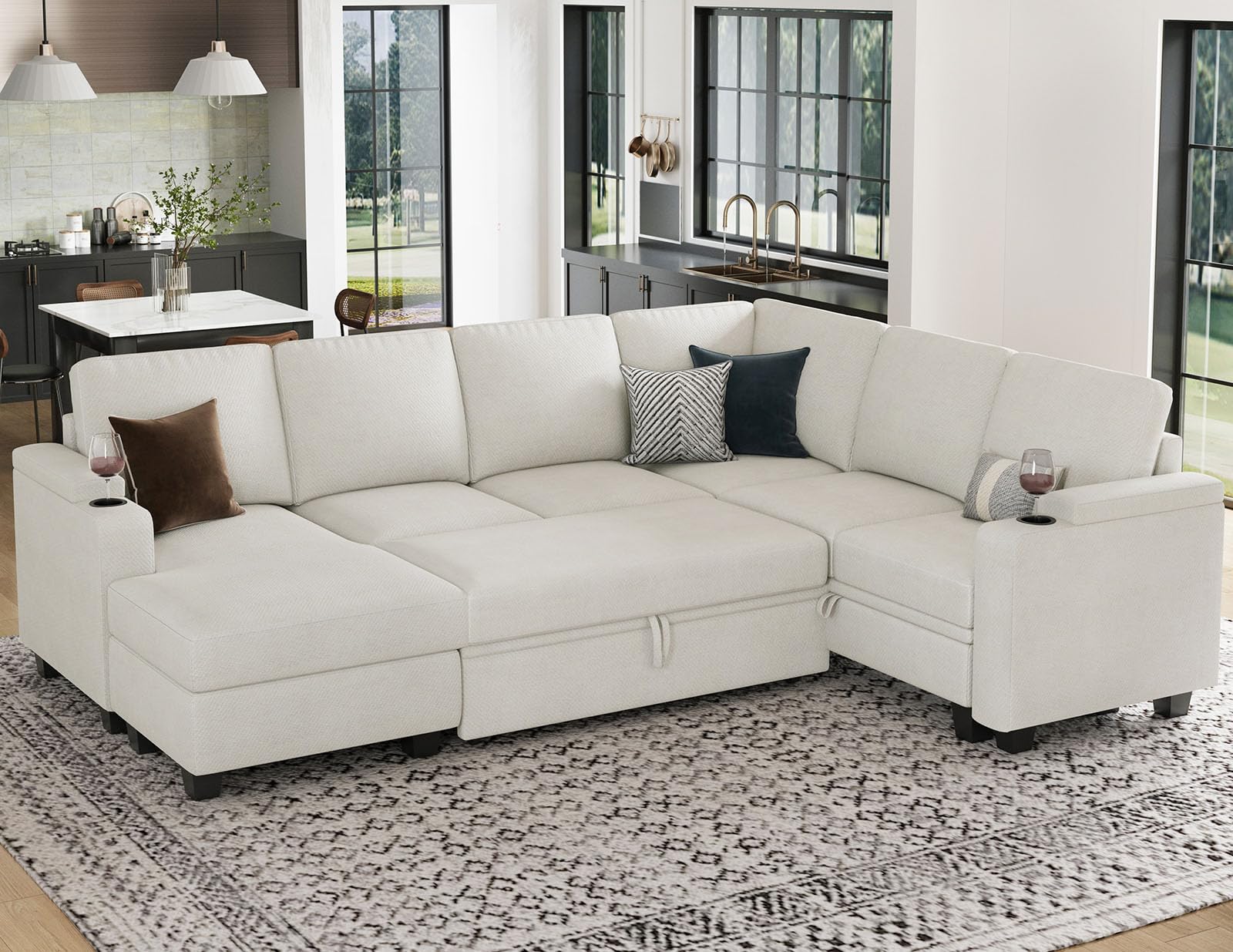 Belffin Modular Sectional Sleeper Sofa Bed with Storage Chaise L Shaped Sectional Couches for Living Room Armrest with Cup Holder. White Couch