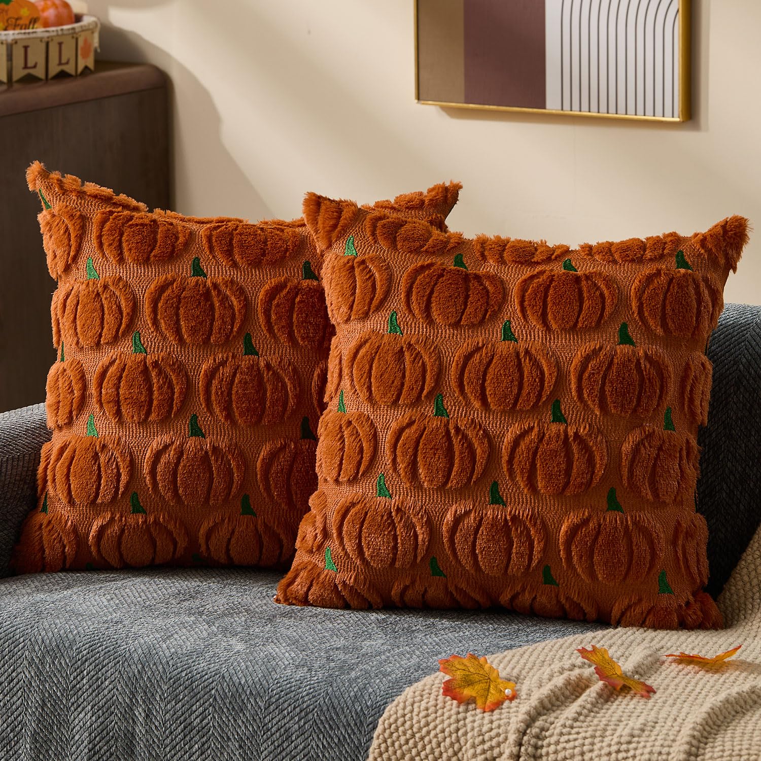 DFXSZ Fall Pillow Covers 16x16 Set of 2 Fall Decorations Autumn Beige Pumpkin Throw Pillow Cases Soft Plush Faux Fur Wool Couch Cushion Case for Chair Sofa Bedroom Living Room Home Decor PTK02B16