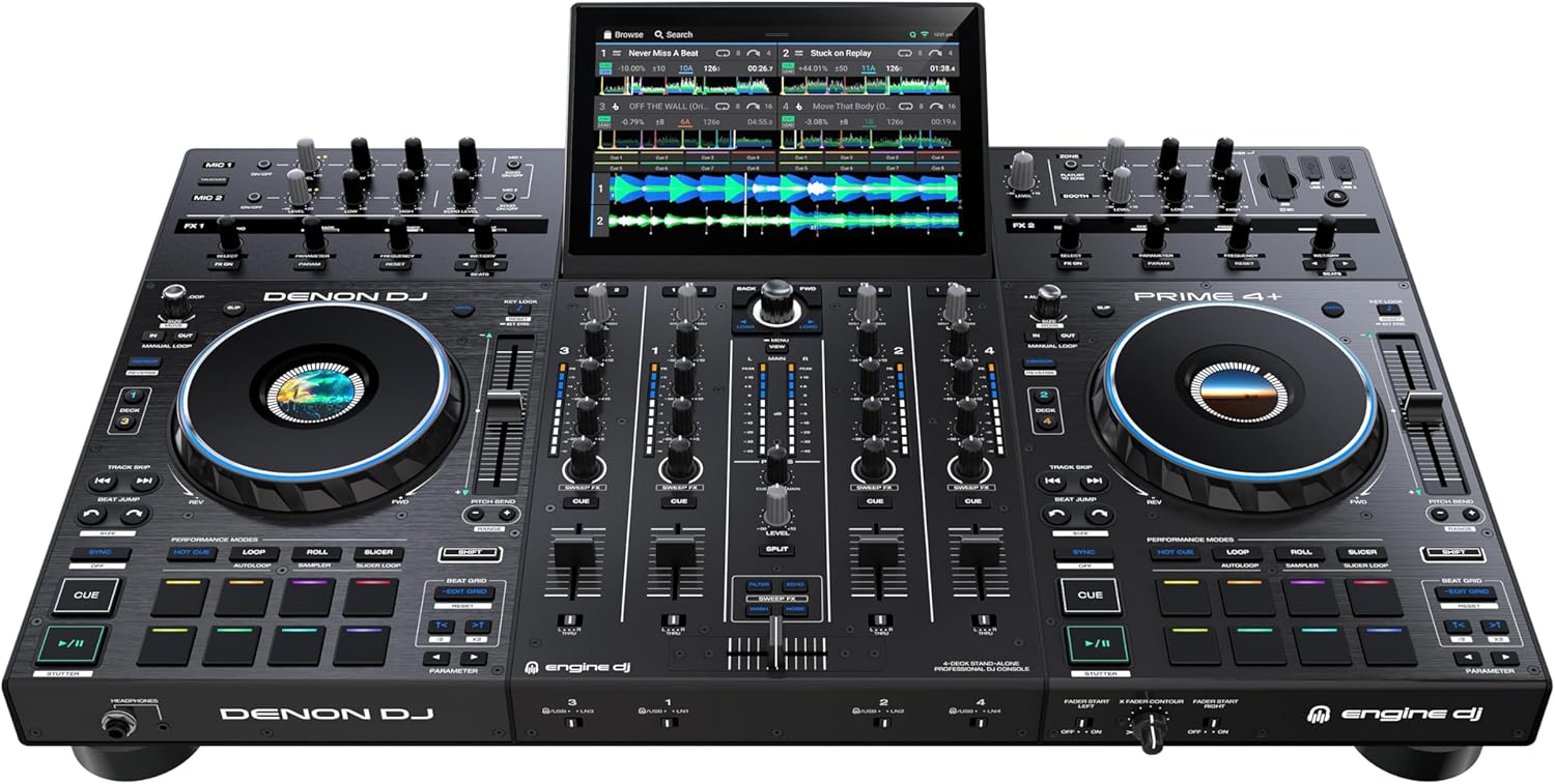 Denon DJ PRIME 4+ Standalone DJ Controller with Stem Separation on 4 Decks, Wi-Fi Streaming, Drop Sampler Mixer, 10.1" Touchscreen, Light Control