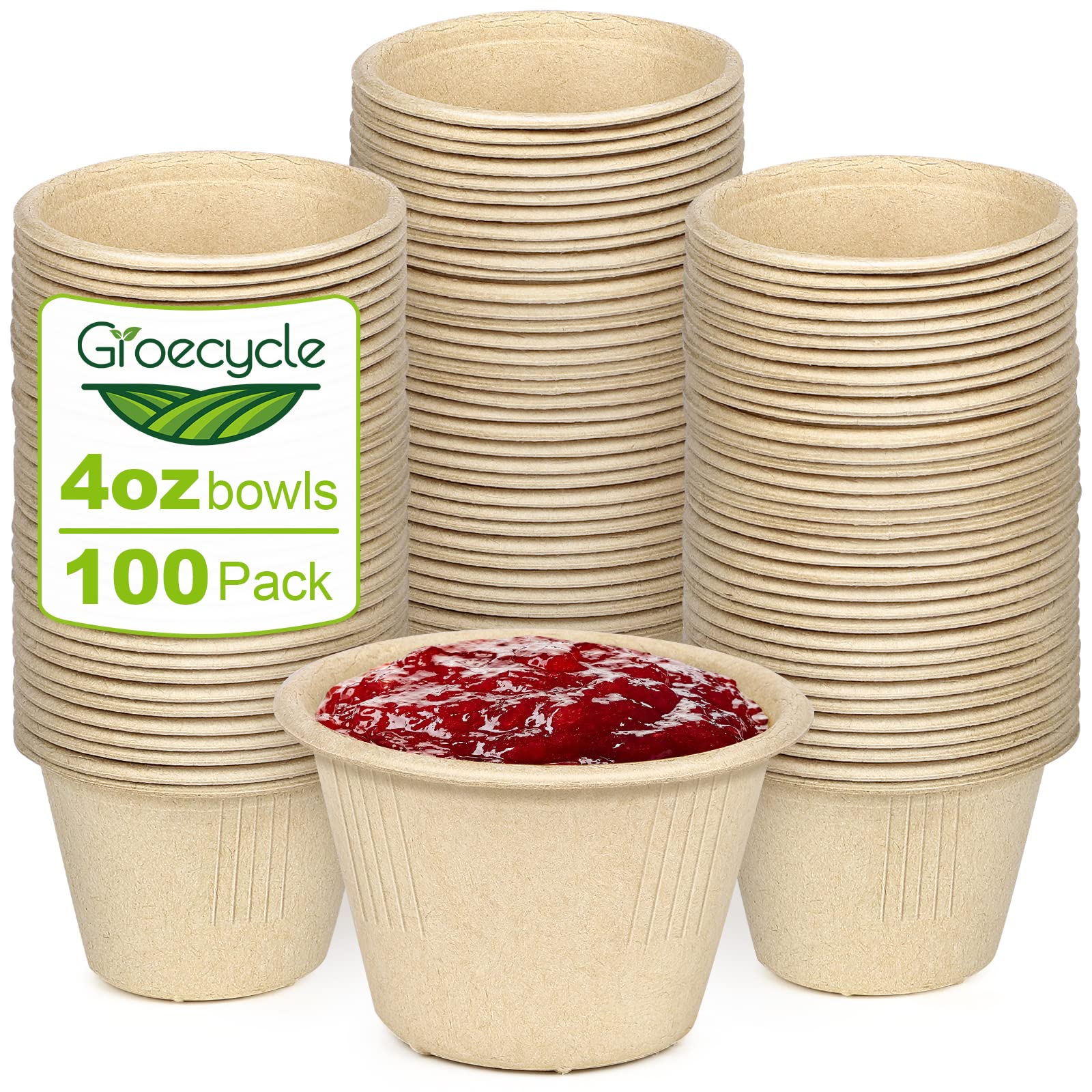 4 oz Small Paper Bowls, 100 Pack Compostable Bagasse Fiber Bowls, Microwavable for Condiments, Sauce, Ice Cream
