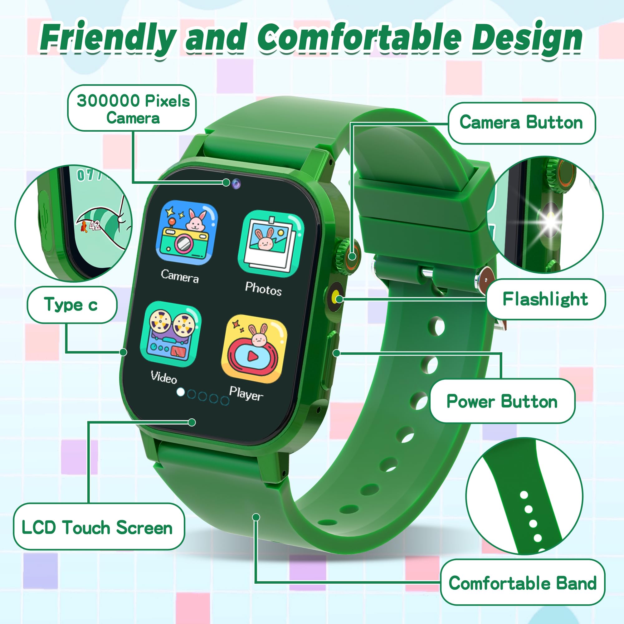 Kids Smart Watch Boys, Kids Game Smart Watch with 32 Games HD Touch Screen Video Camera Music Player Audiobooks Pedometer Flashlight Alarm Clock 12/24 hr, Toys Gift for 3-12 Years Old Boys Girls