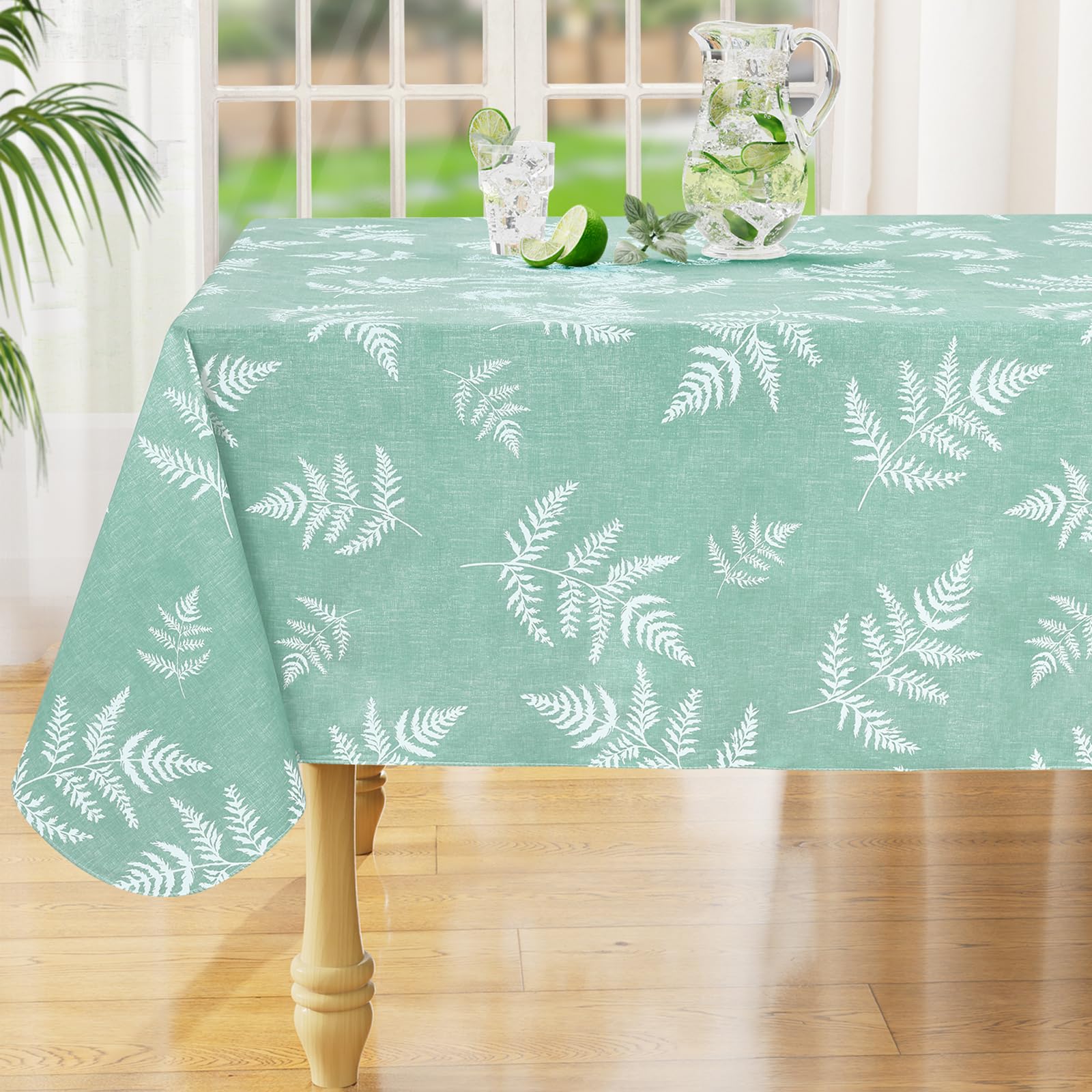 misaya Square Waterproof Vinyl Table Cloth, Wipeable Tablecloth with Flannel Backing, Plastic Table Cover for Dinner, Picnic, Indoor and Outdoor (Blue Leaves, 54" x 54")