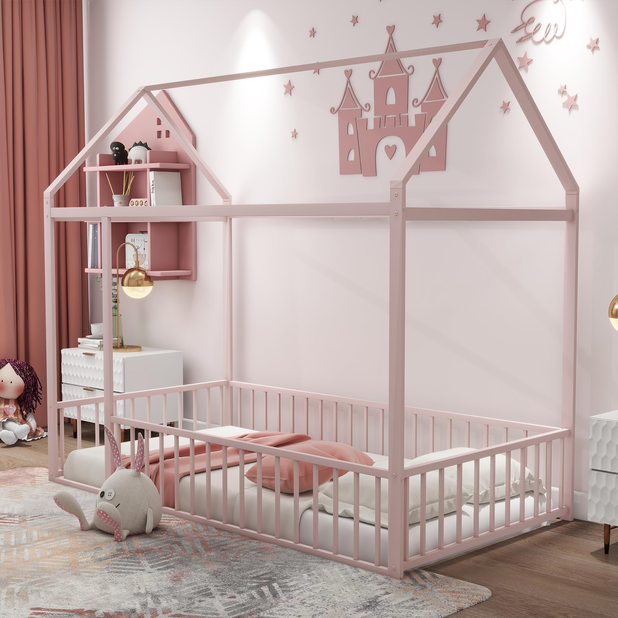 Bellemave Twin Size Montessori Floor Bed, Metal House Bed Framefor Kids, Montessori Floor Beds with Fence, Playhouse for Kids,Black