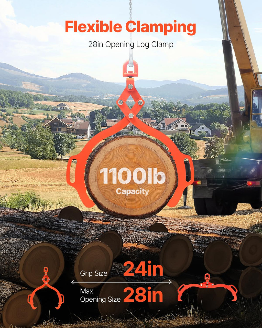 VEVOR Log Lifting Tongs 28in, 2 Serrated Claw Hook Log Tongs, Heavy Duty Steel Swivel Dragging Tongs, 1100LBS Log Grapple with Handles, Lumber Log Skidding Tongs for Tractors, Trucks, Forklifts, ATVs