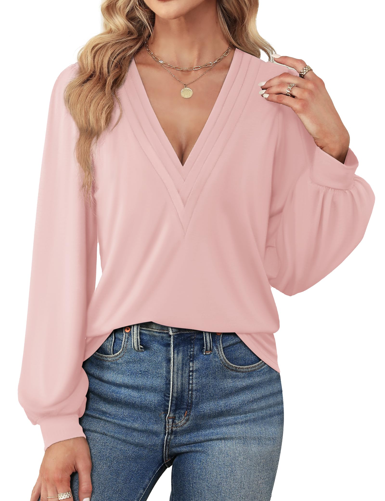 Agnes Urban Womens V Neck Long Sleeve Tops Dressy Casual Fall Shirts Puff Sleeve Loose Tunic Trendy Tops Blouses