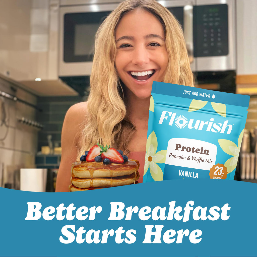 Flourish Protein Pancake & Waffle Mix, with Whey Protein & Flax Seed, No Added Sugar, High in Protein & Fiber - Just Add Water - Birthday Cake Flavour 16oz (2 pack)