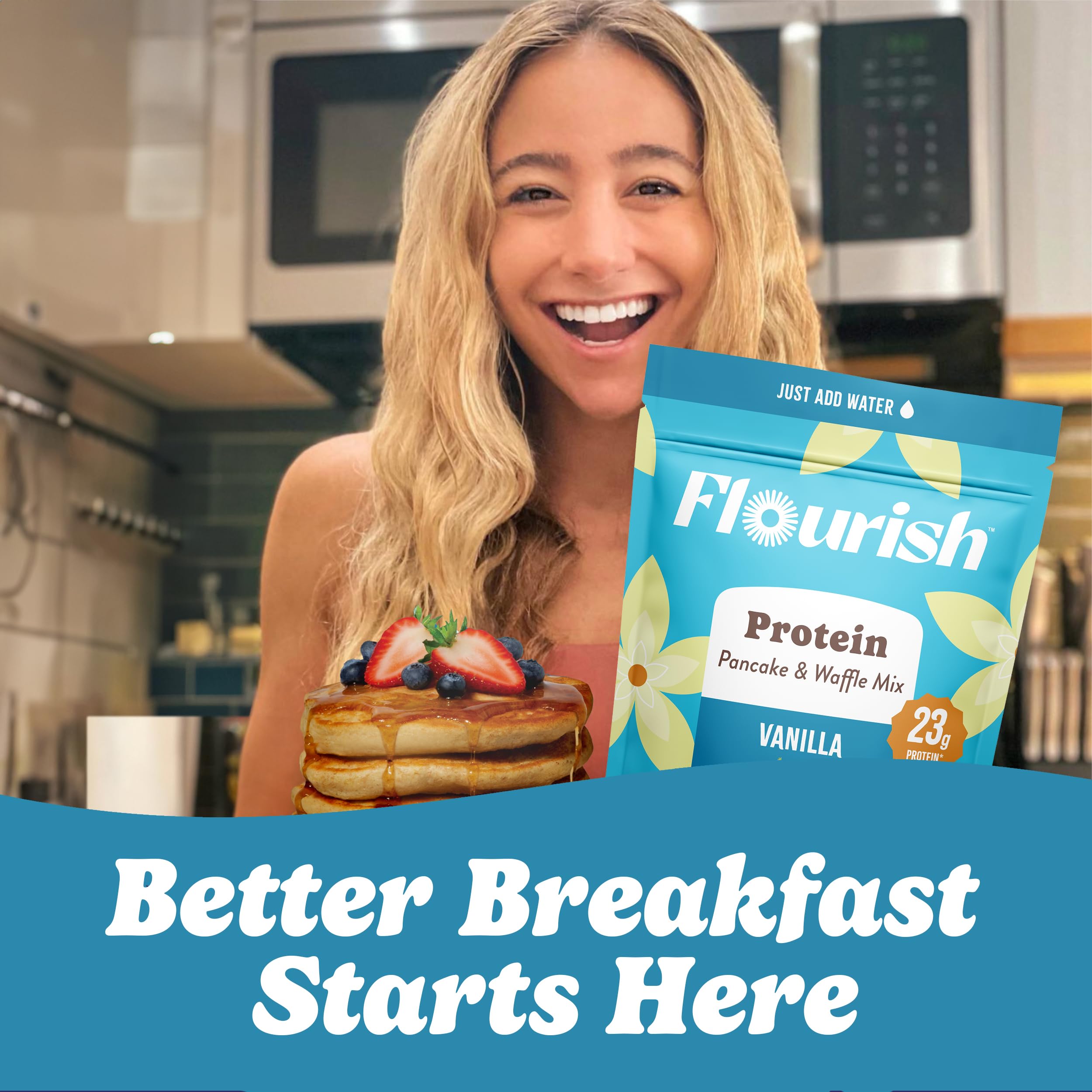 Flourish Protein Pancake & Waffle Mix, with Whey Protein & Flax Seed, No Added Sugar, High in Protein & Fiber - Just Add Water - Birthday Cake Flavour 16oz (2 pack)