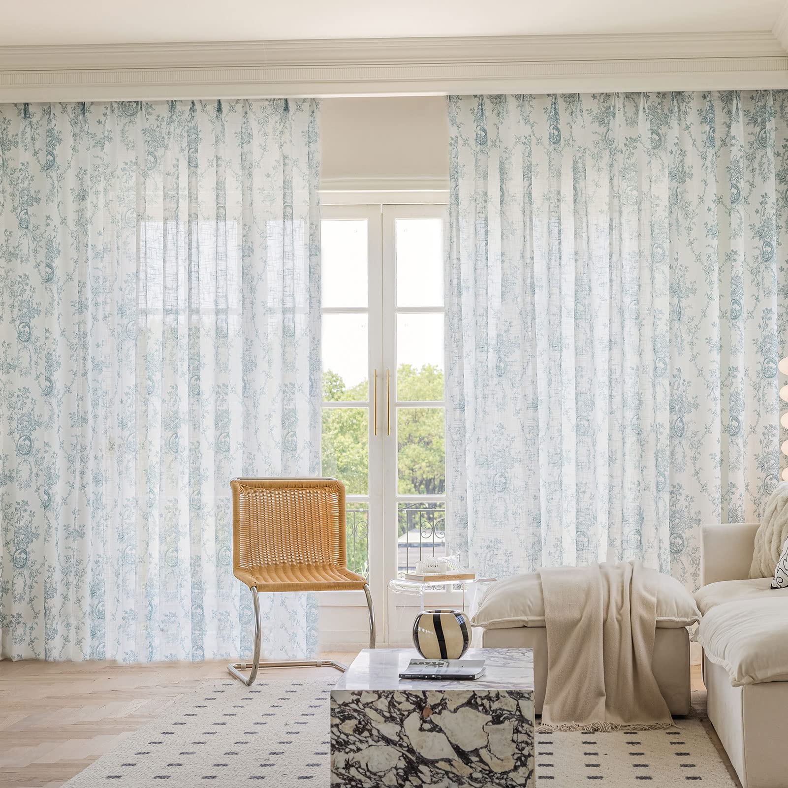 SUOUO Blue Leaf Semi Sheer White Curtains for Bedroom Dining Living Room Linen Textured 84 inches Long Rod Pocket Boho Window Drapes 2 Panels
