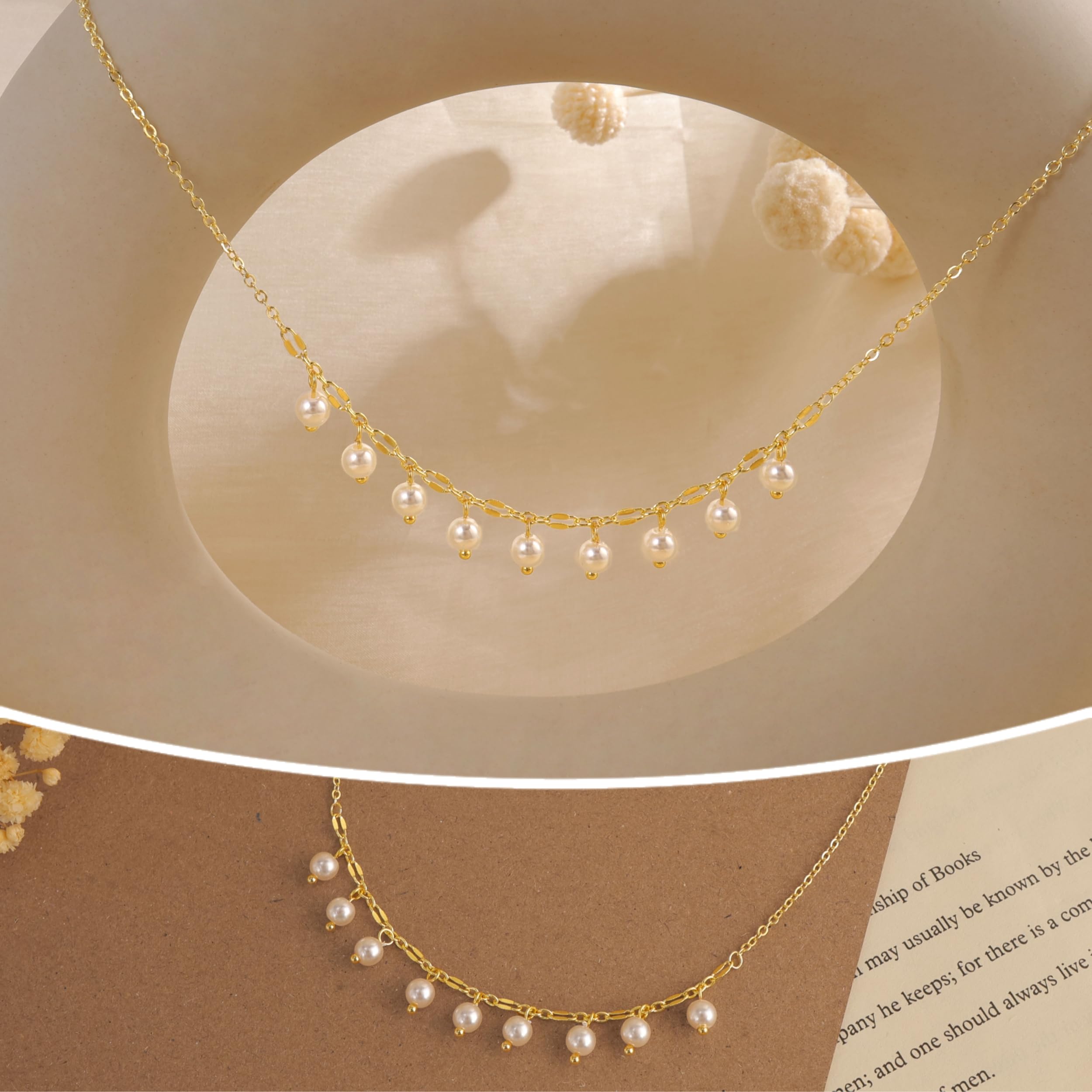 Pearl Necklace for Women Trendy,14k Gold Plated Necklace Dainty Wedding Necklace Small Cute Choker Necklace Gold Prom Drop Necklace Vintage Waterproof Jewelry for Women Prom Jewelry Fashion Gifts