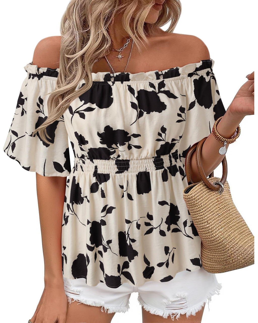 Bebonnie Women's Summer Sexy Off The Shoulder Peplum Tops Ruffle Sleeve Dressy Blouses