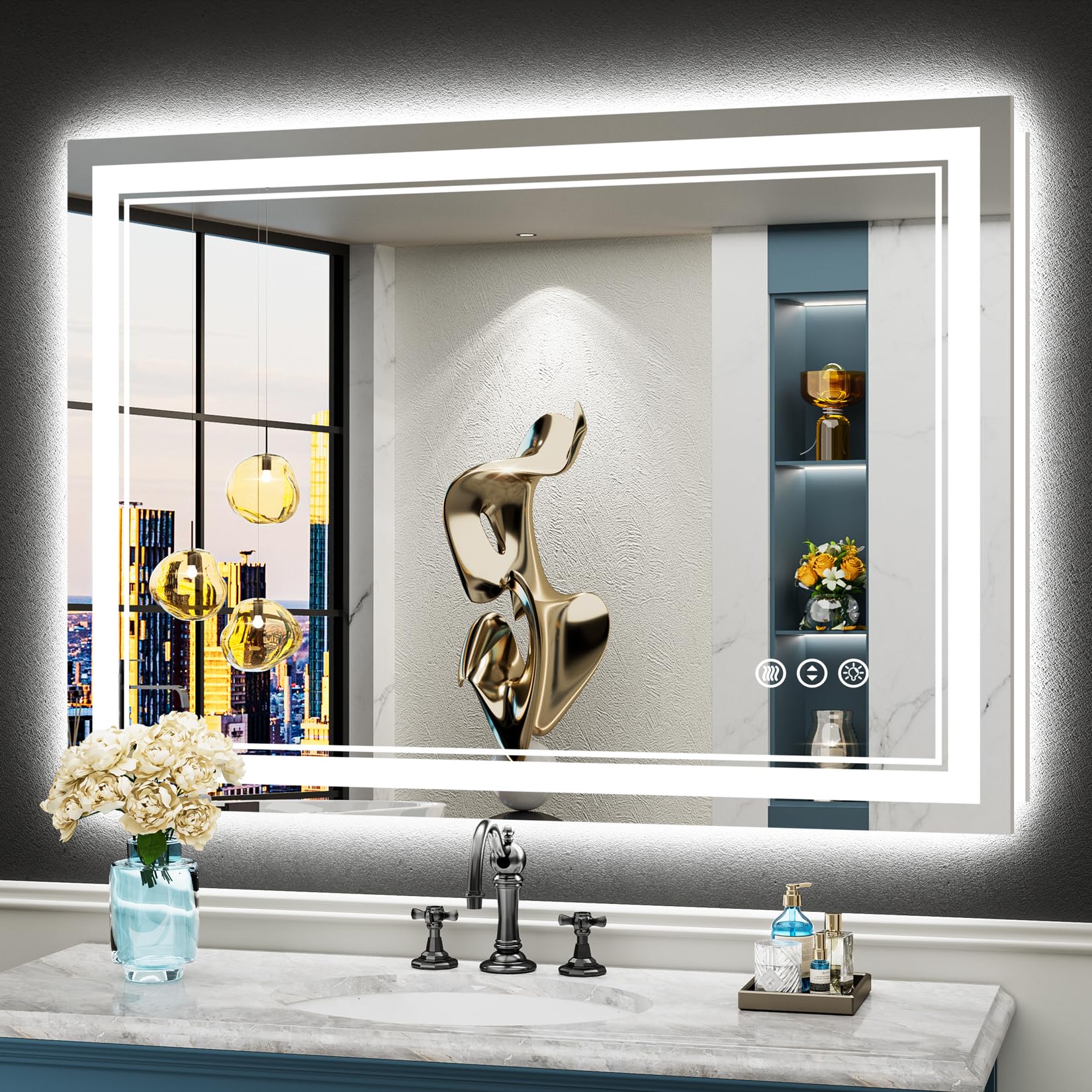 24x32 Black Framed LED Bathroom Mirror with Lights, Backlit and Front Lit Anti-Fog Lighted Vanity Mirrors for Bathroom Wall, Dimmable, 3 Colors, Memory, HD Tempered Glass, Horizontal/Vertical