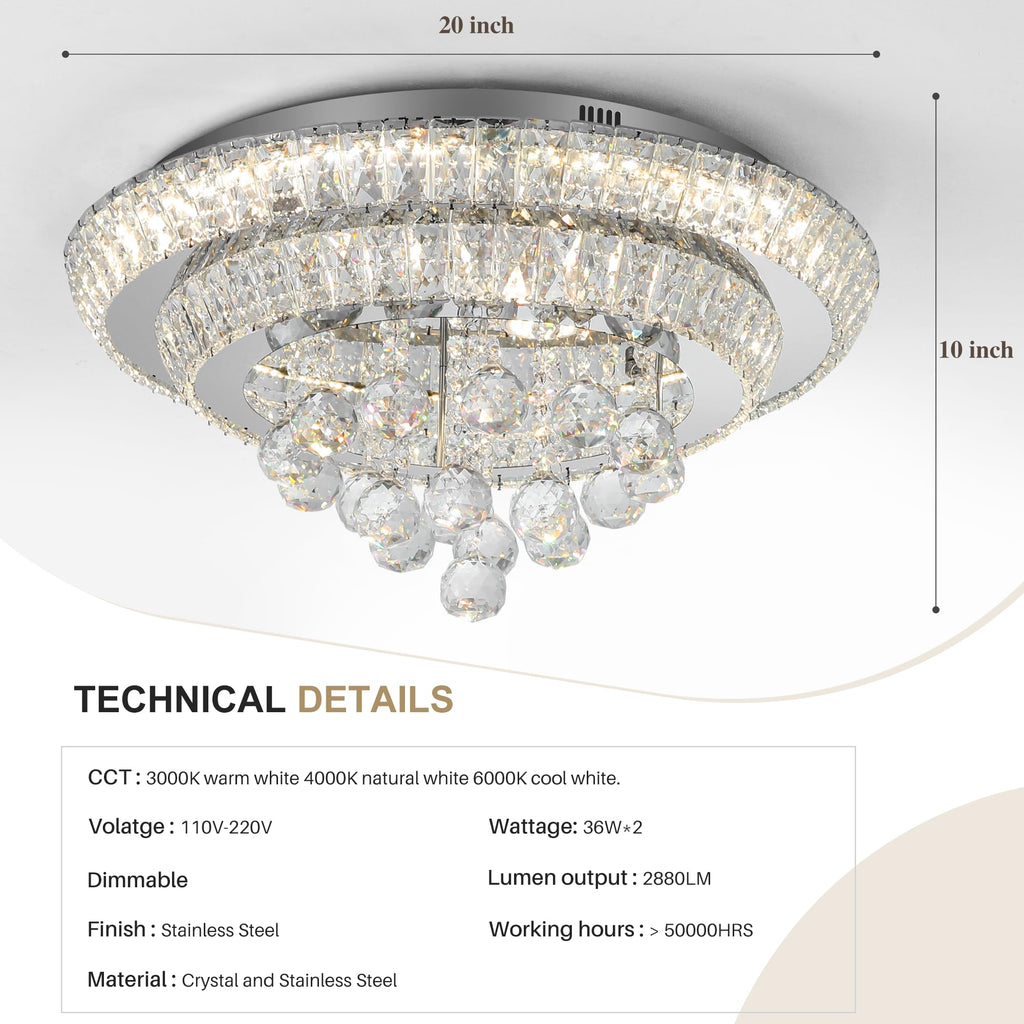 COCOSTAR 20" Gold Crystal Chandeliers, Flush Mount Chandelier LED Ceiling Light, Modern Crystal Raindrop Chandeliers for Dining Room, Living Room, Bedroom