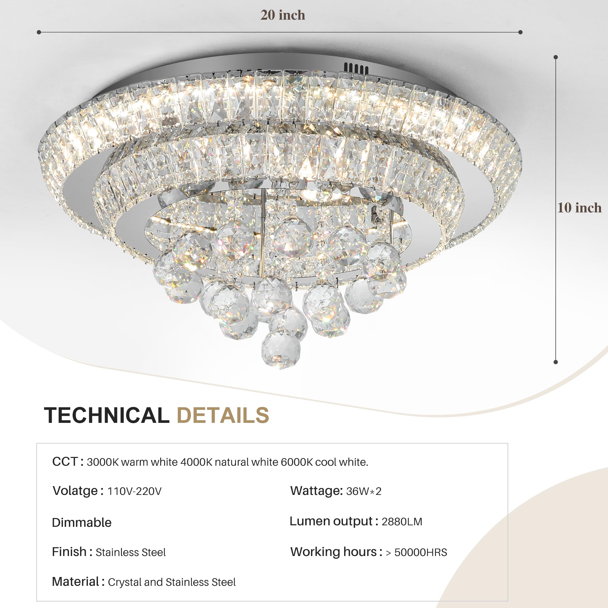 COCOSTAR 20" Gold Crystal Chandeliers, Flush Mount Chandelier LED Ceiling Light, Modern Crystal Raindrop Chandeliers for Dining Room, Living Room, Bedroom