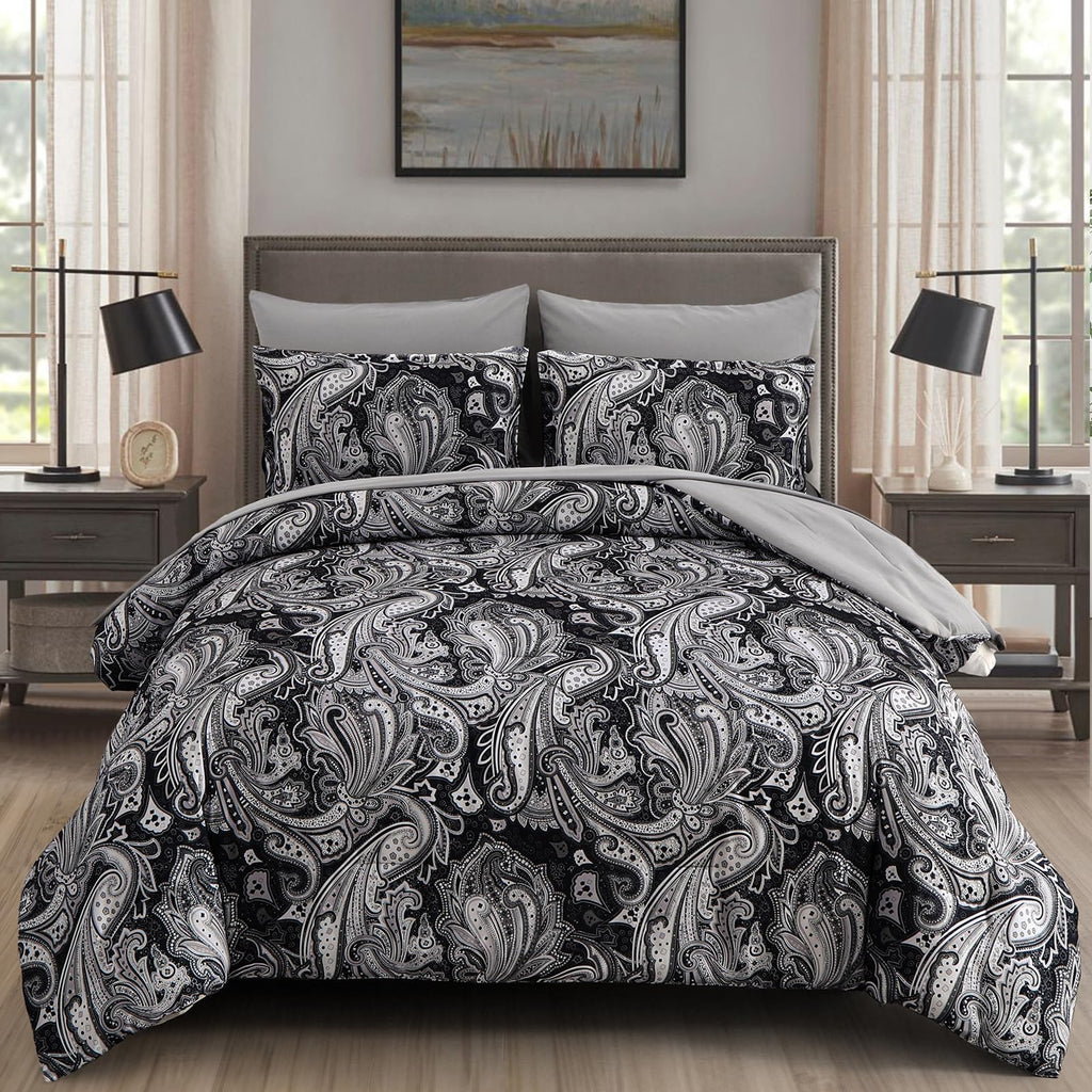 DJY Black Paisley Comforter Set Full Size 7 Piece Bed in a Bag Black and Grey Boho Paisley Pattern Comforter Set Soft Lightweight Microfiber Reversible Bedding Set for All Season