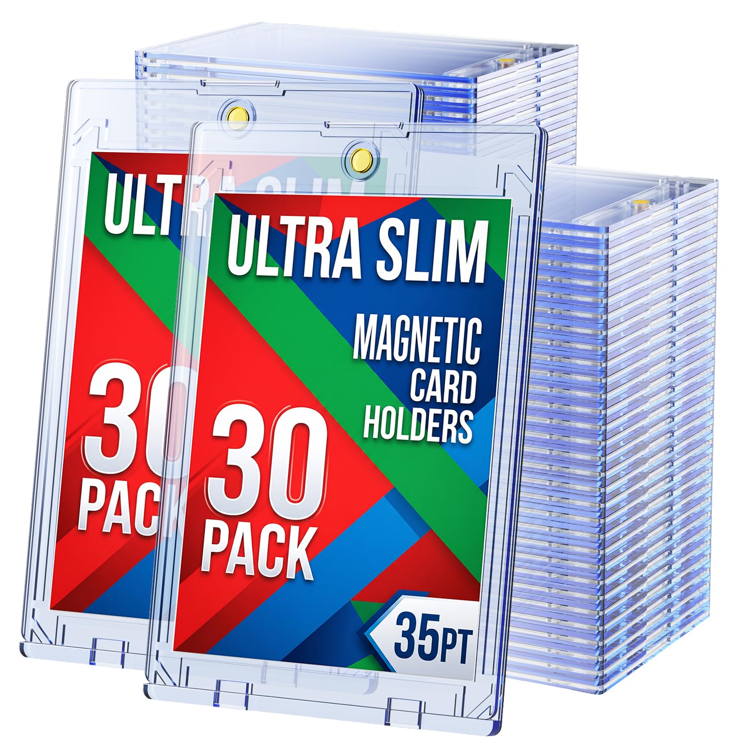 30ct Magnetic Card Holder, 35pt Slim One Touch Card Holder, Hard Plastic Protectors, UV Protection Magnetic Cards Case Fits for Baseball, Football, Game, Sports Collectible Cards, Ultra Slim