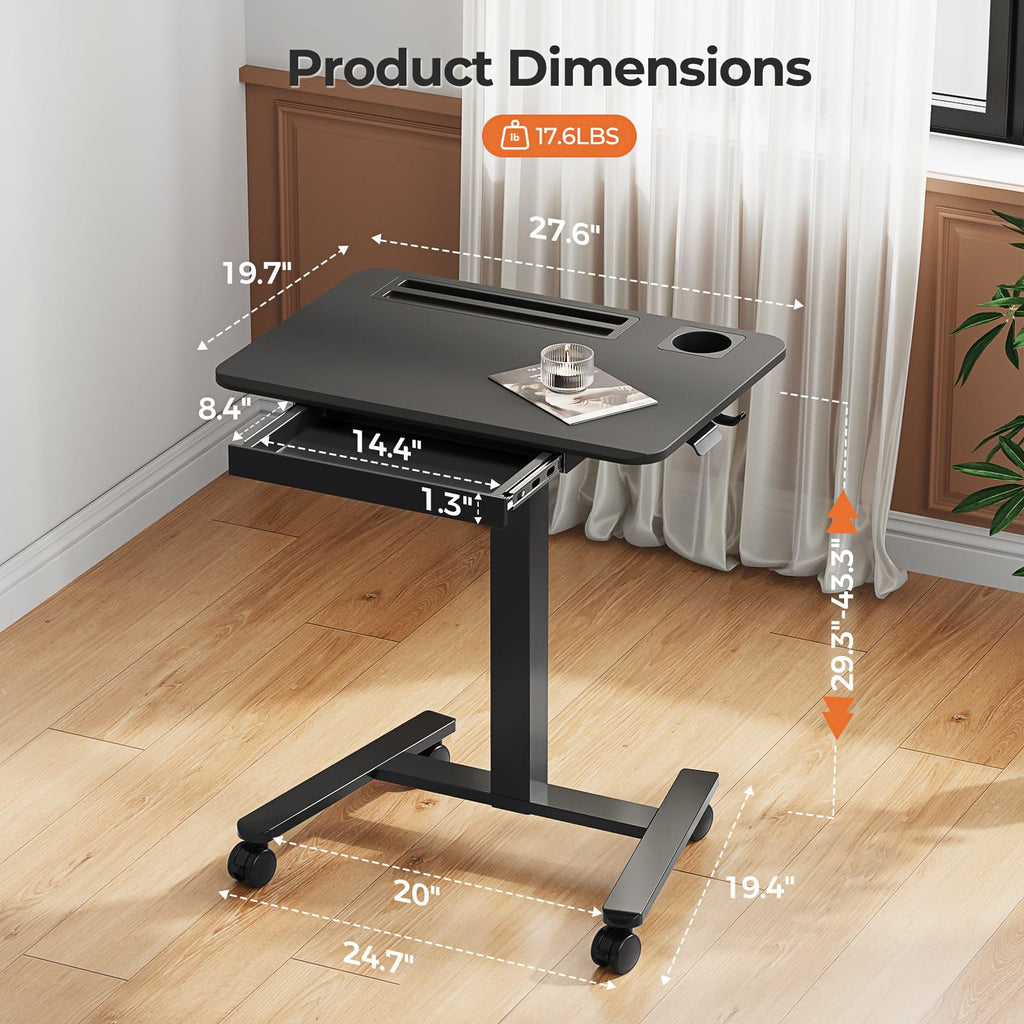 Small Mobile Standing Desk with Drawer, 23.6"x19.7" Rolling Laptop Cart on Wheels, Height Adjustable Sit Stand Computer Workstation with Storage for Compact Space, Black